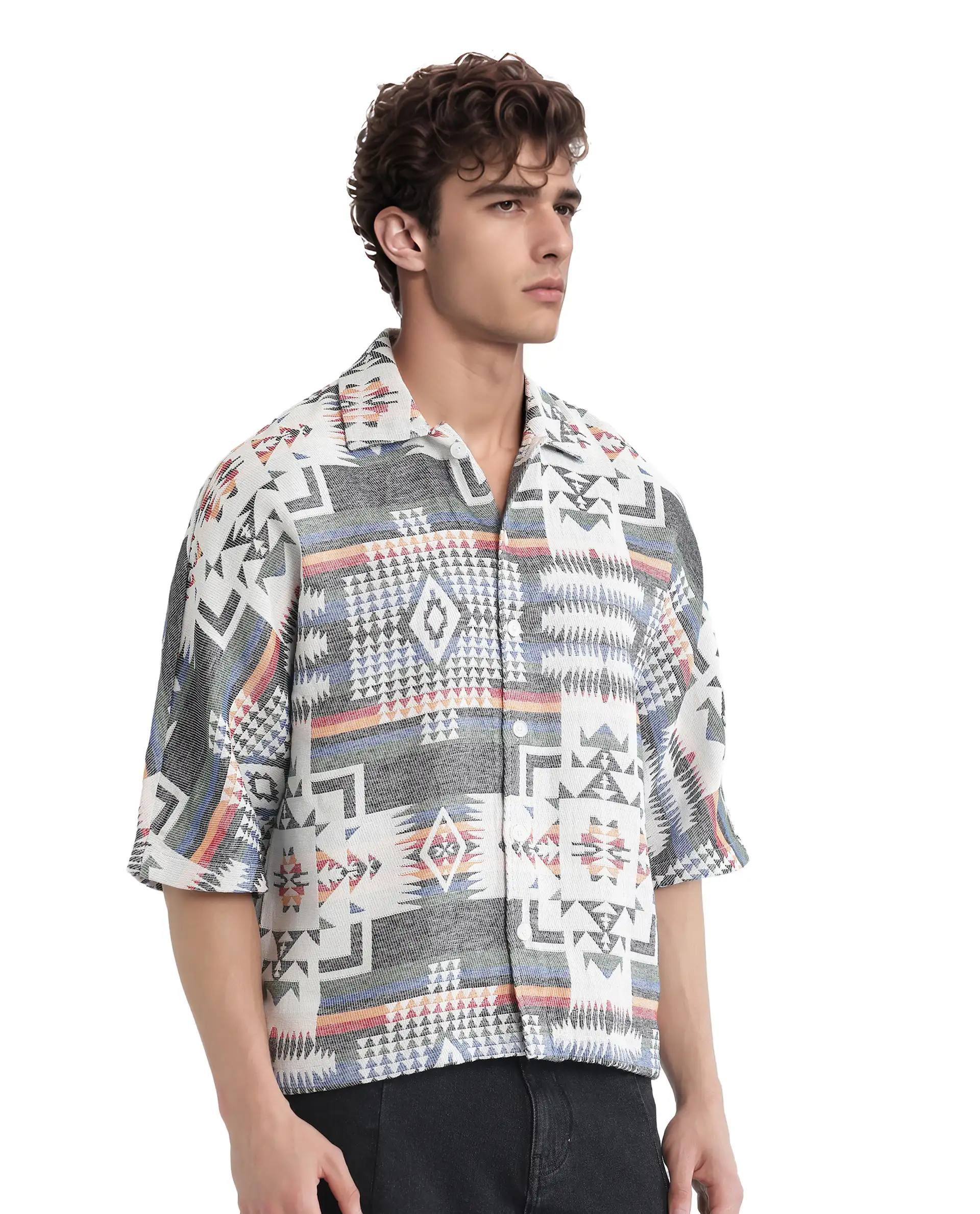 Rare Rabbit Men's Merton White Cotton Jacquard Boxy Fit Half Sleeve Collared Shirt - Image 8