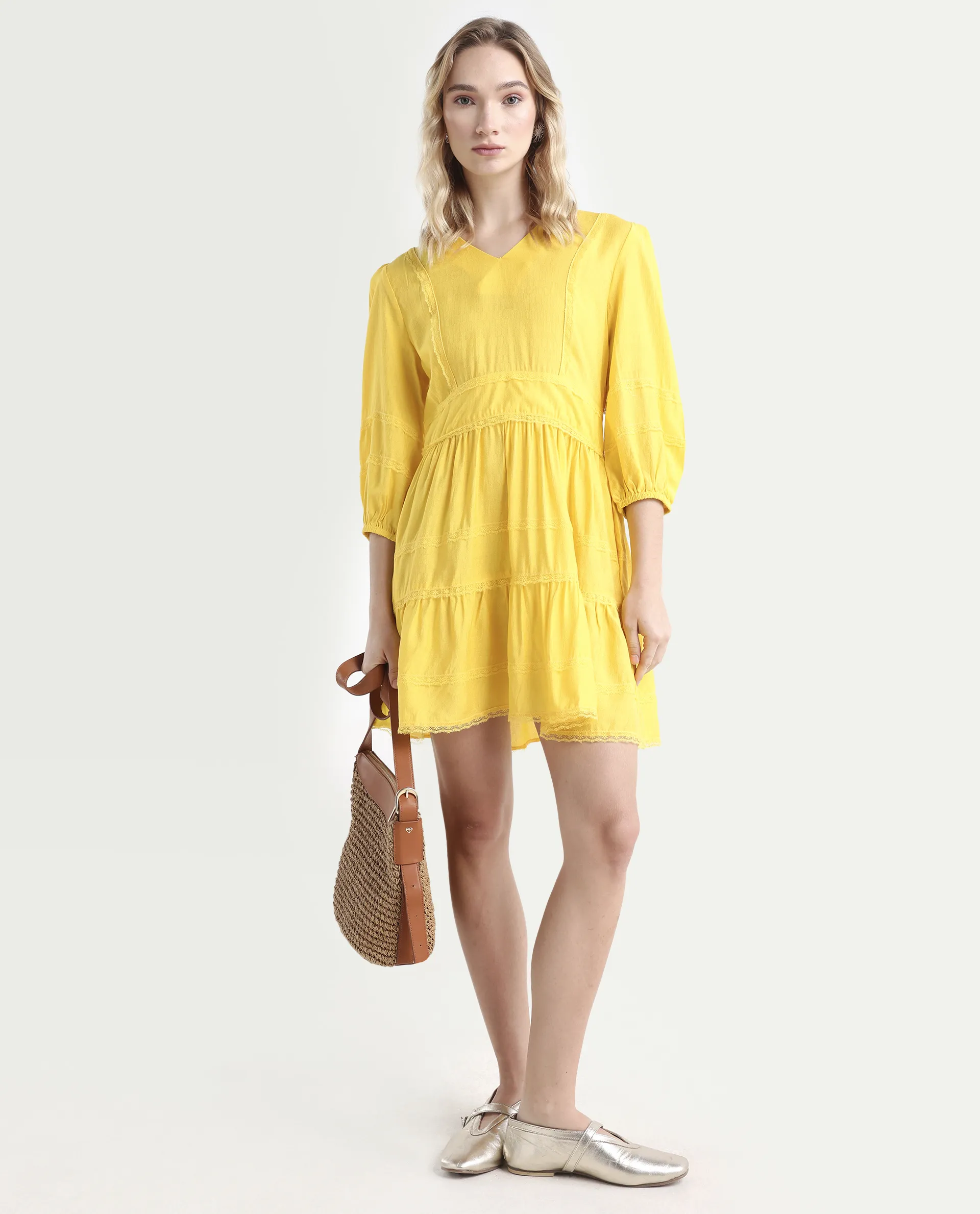 Rareism Women's Meruf Yellow Polyester Blend V-Neck Plain Balloon Sleeve Mini Regular Fit Dress - Image 2