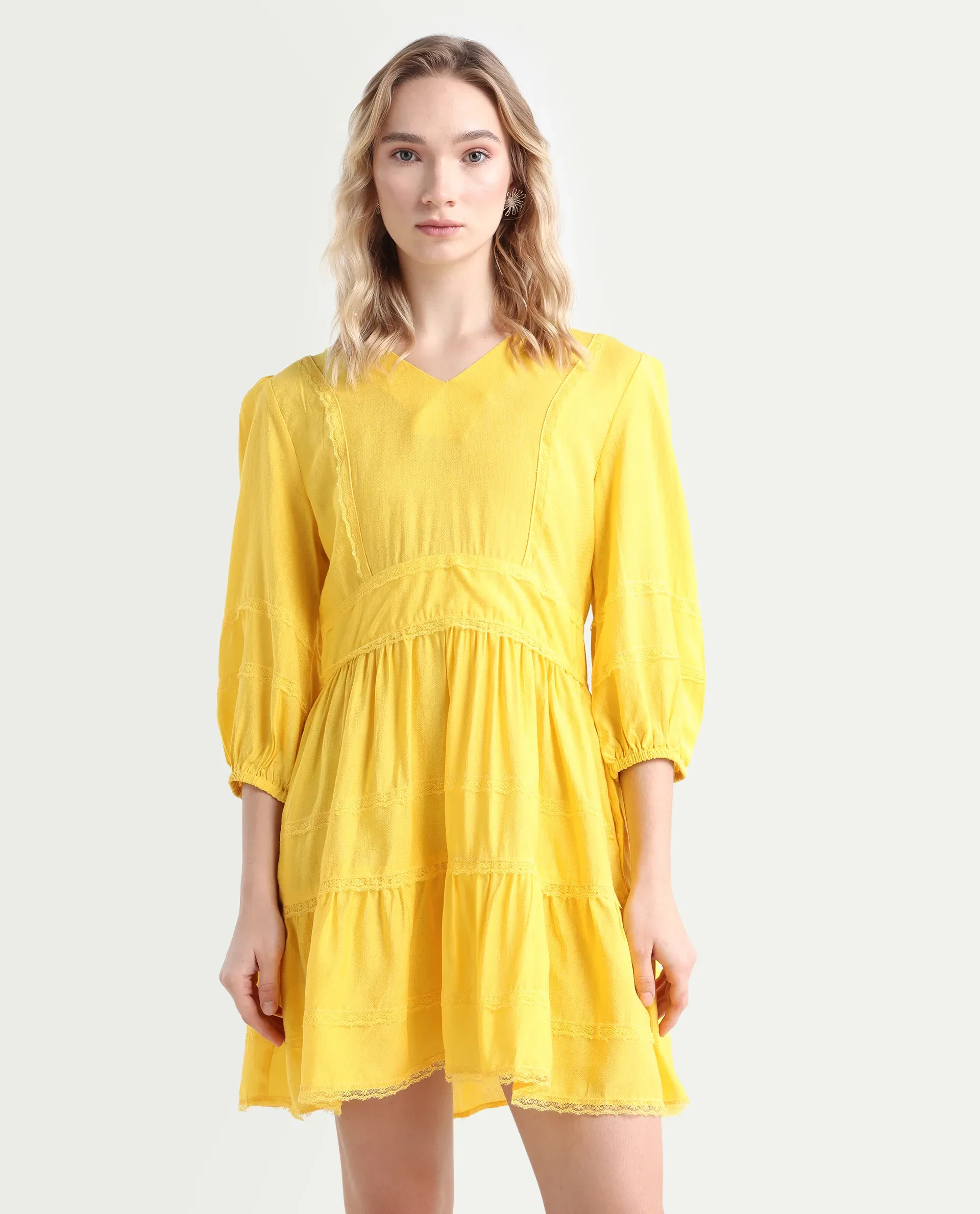 Rareism Women's Meruf Yellow Polyester Blend V-Neck Plain Balloon Sleeve Mini Regular Fit Dress - Image 3