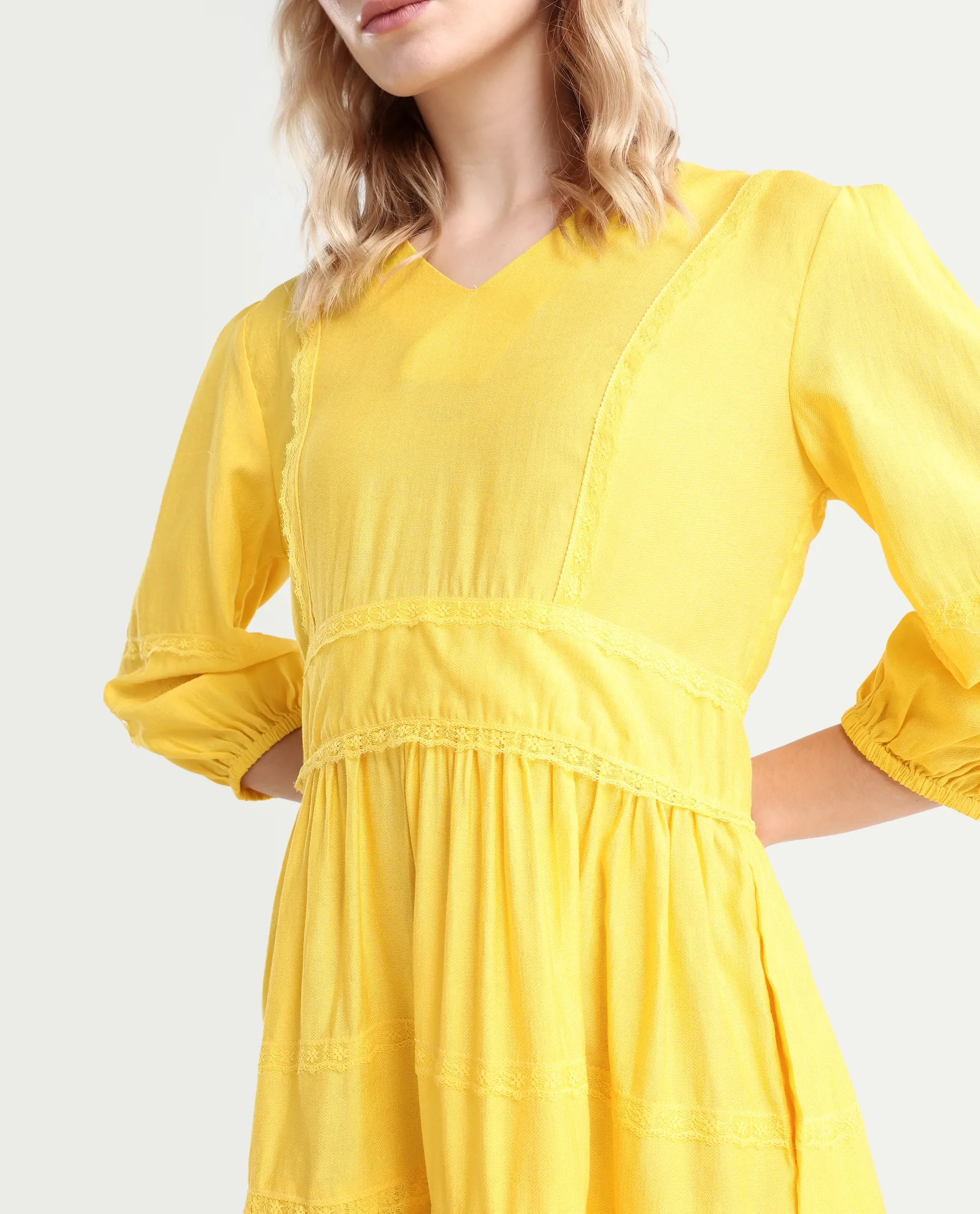 Rareism Women's Meruf Yellow Polyester Blend V-Neck Plain Balloon Sleeve Mini Regular Fit Dress - Image 4