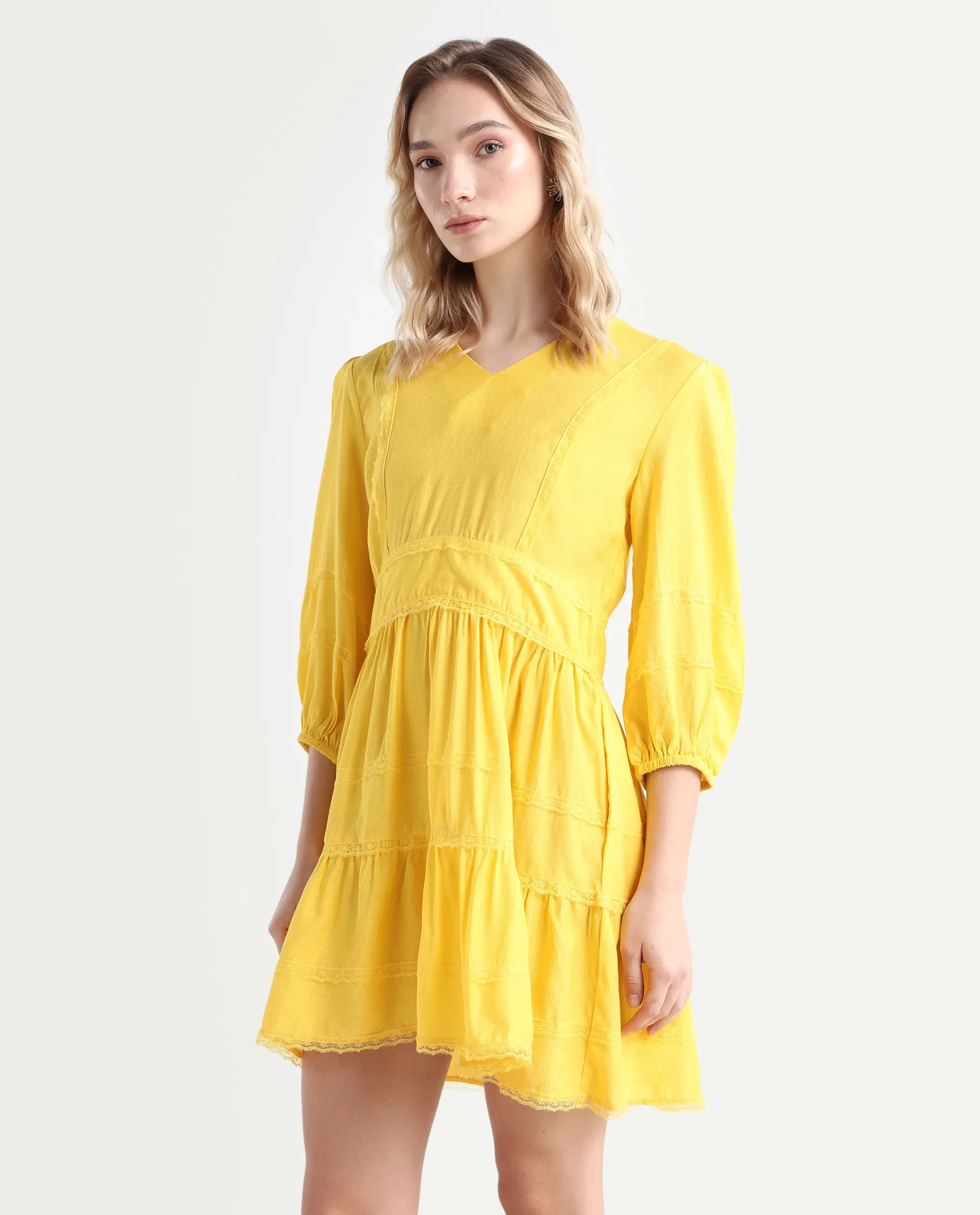 Rareism Women's Meruf Yellow Polyester Blend V-Neck Plain Balloon Sleeve Mini Regular Fit Dress - Image 5