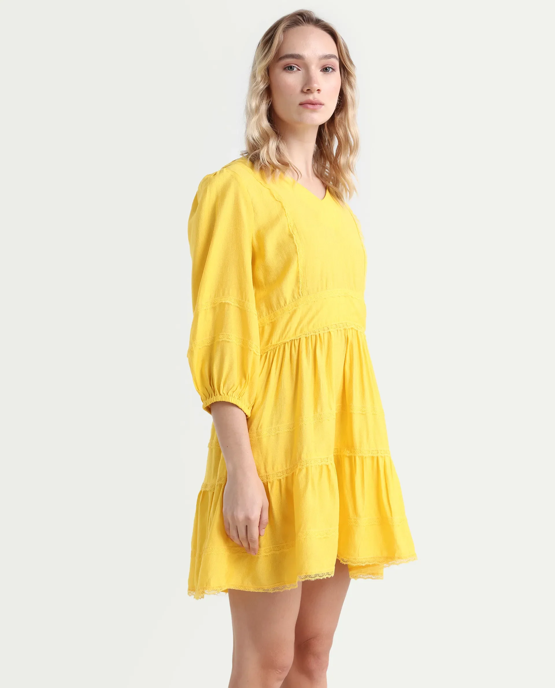 Rareism Women's Meruf Yellow Polyester Blend V-Neck Plain Balloon Sleeve Mini Regular Fit Dress - Image 6