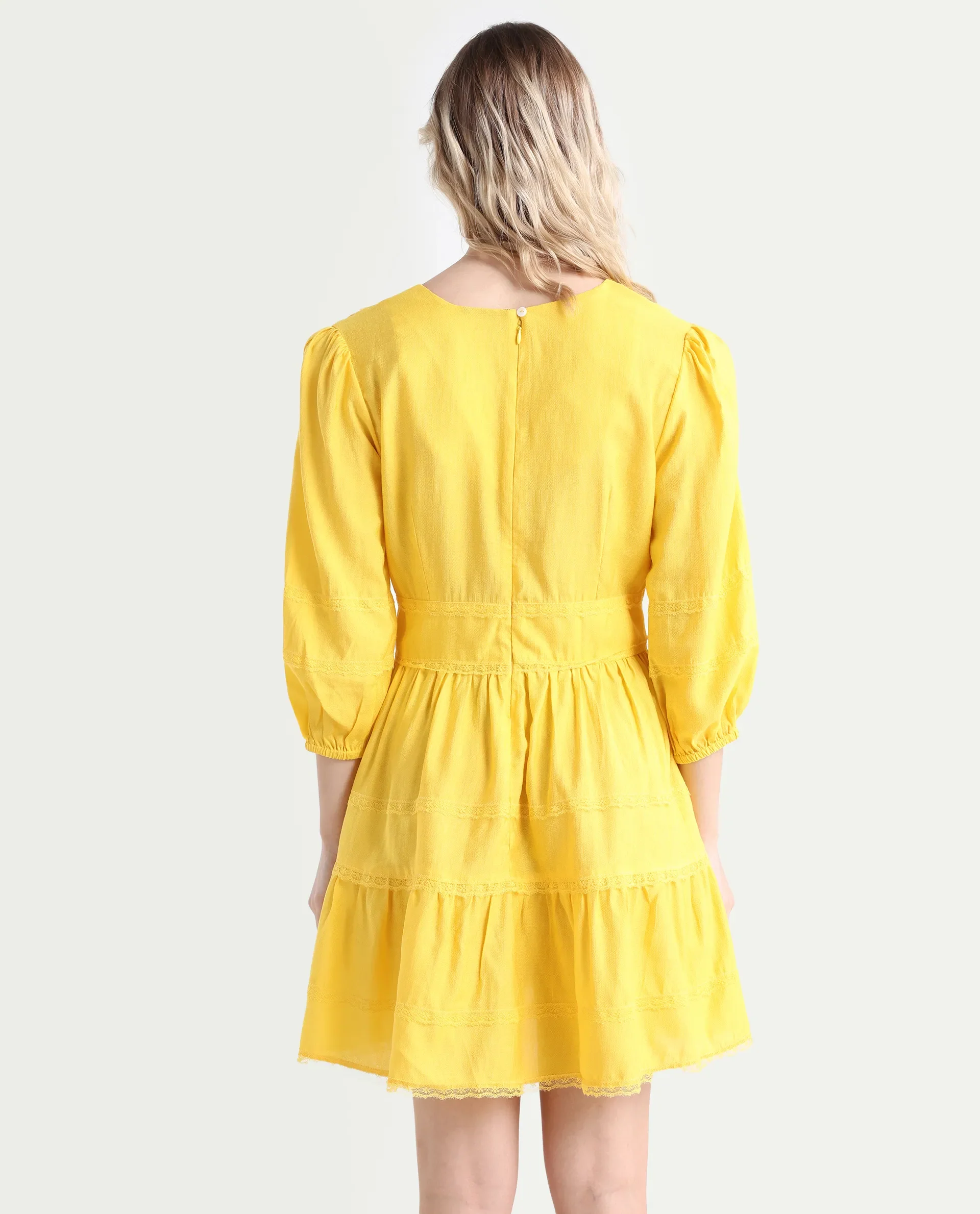 Rareism Women's Meruf Yellow Polyester Blend V-Neck Plain Balloon Sleeve Mini Regular Fit Dress - Image 7