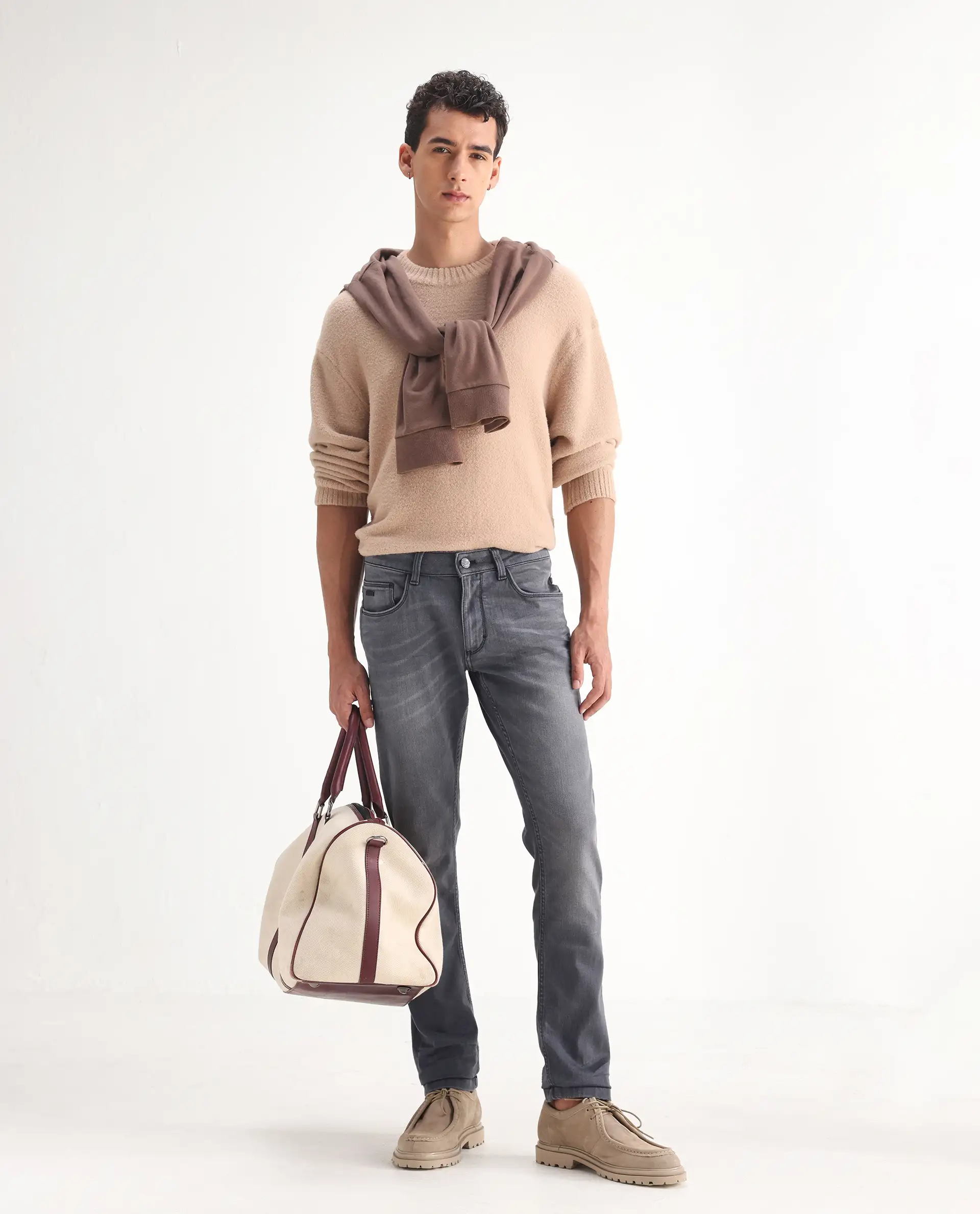 Rare Rabbit Men's Mesa Grey Cotton Blend Plain Hawk Slim Fit Jeans