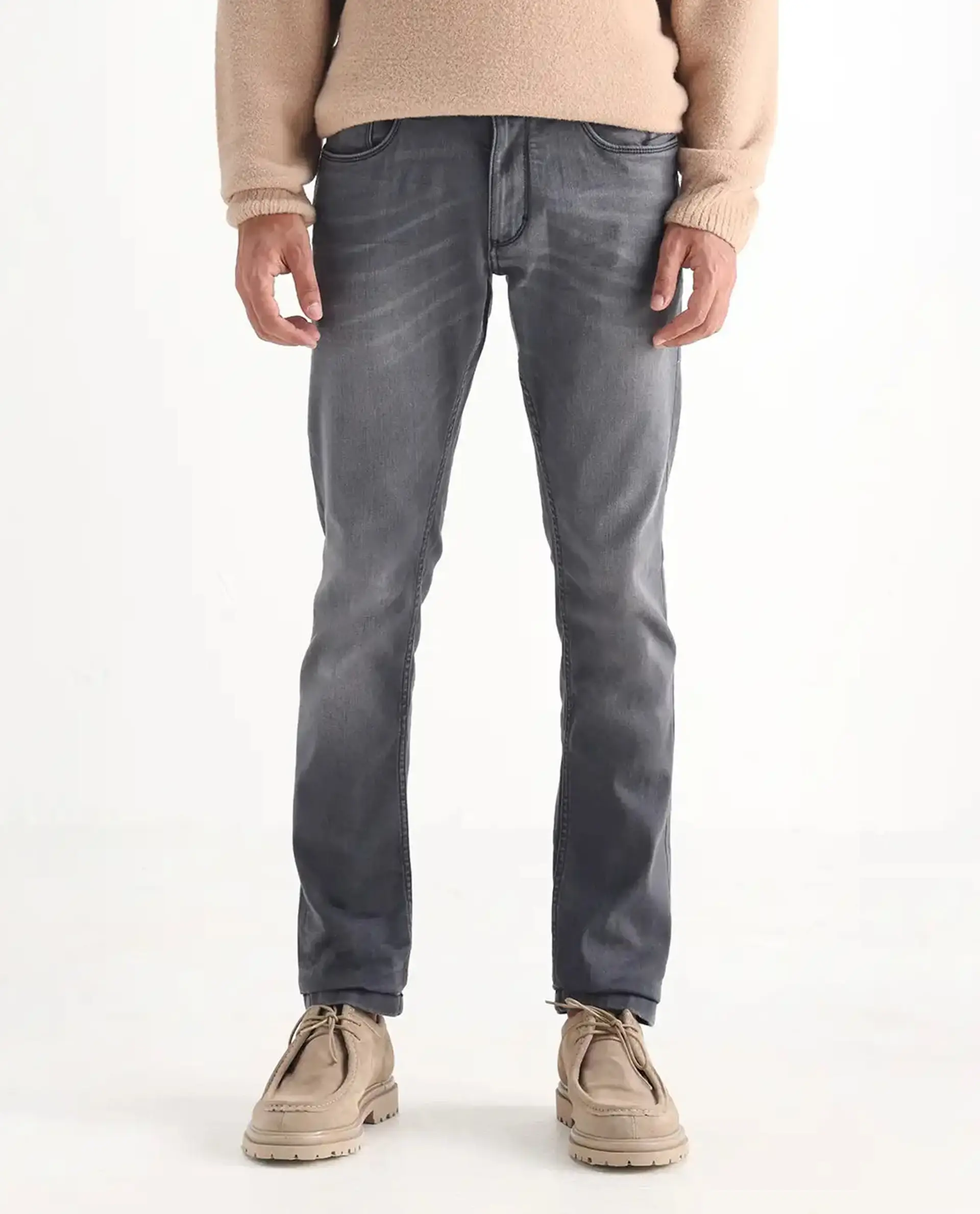 Rare Rabbit Men's Mesa Grey Cotton Blend Plain Hawk Slim Fit Jeans - Image 10