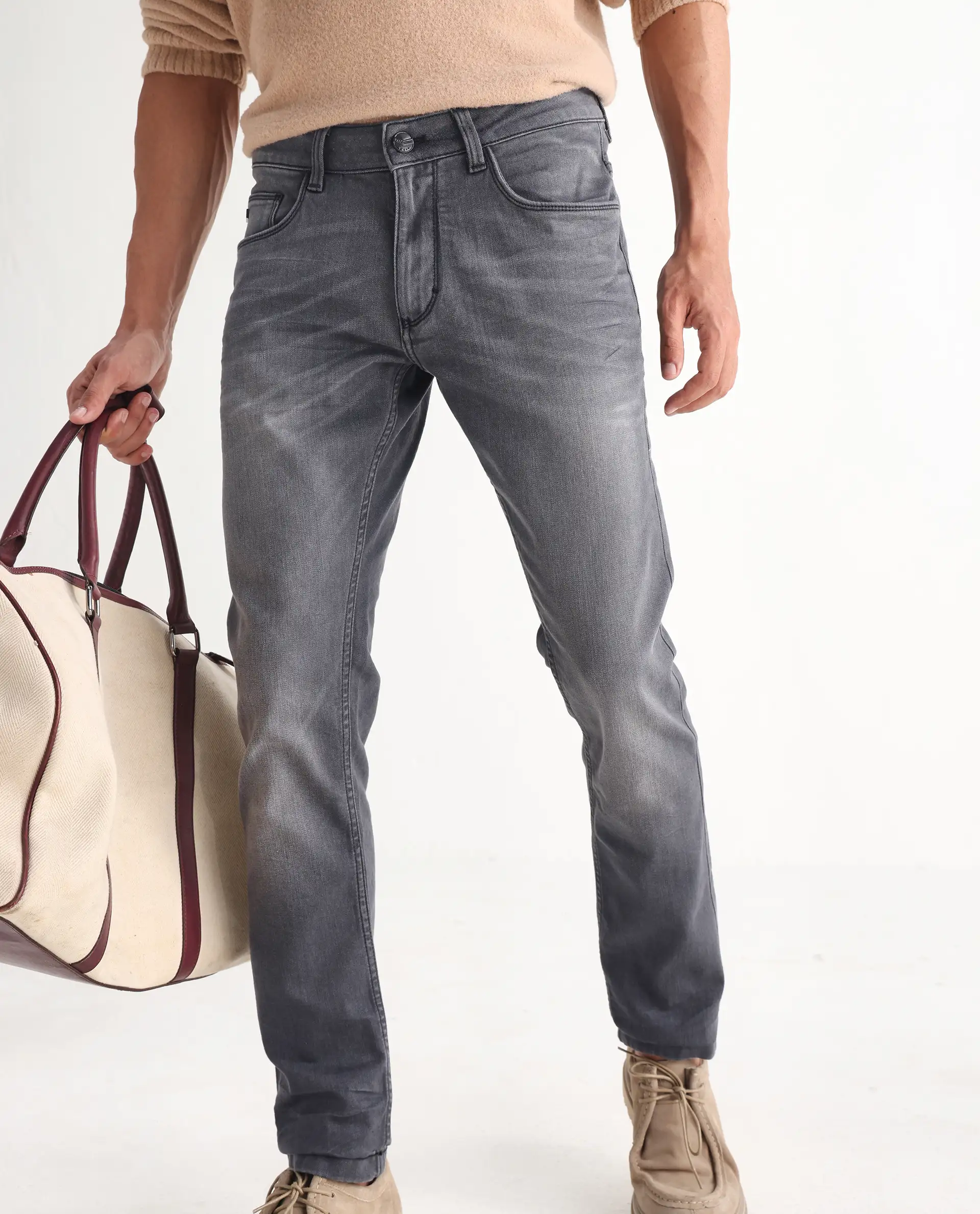 Rare Rabbit Men's Mesa Grey Cotton Blend Plain Hawk Slim Fit Jeans - Image 2