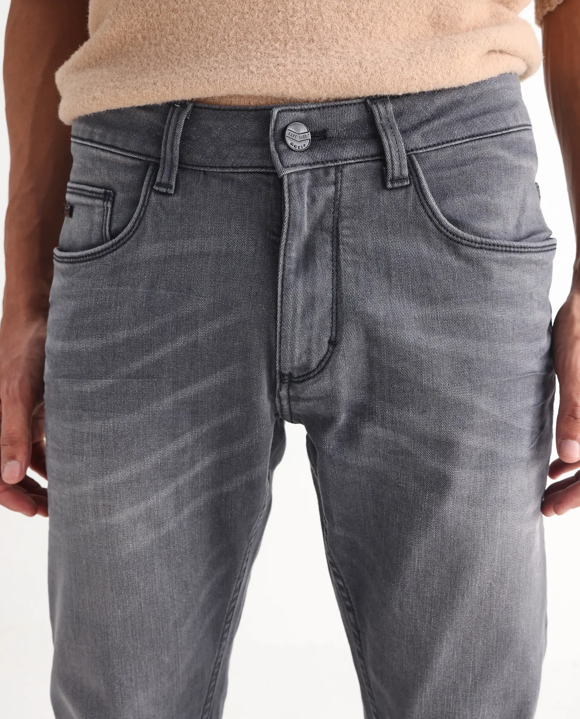 Rare Rabbit Men's Mesa Grey Cotton Blend Plain Hawk Slim Fit Jeans - Image 4