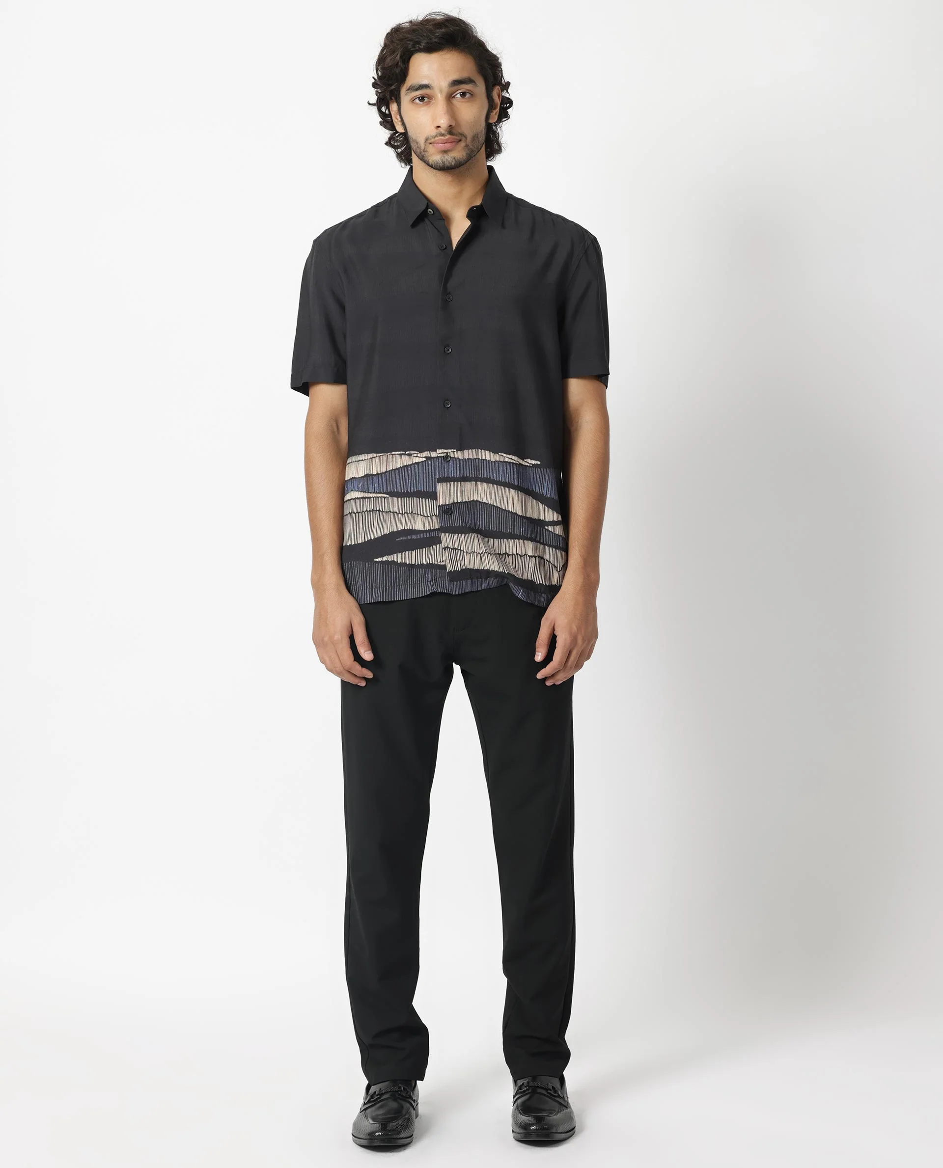Rare Rabbit Men's Mesan Black Viscose Abstract Print Regular Fit Half Sleeve Collared Shirt - Image 2