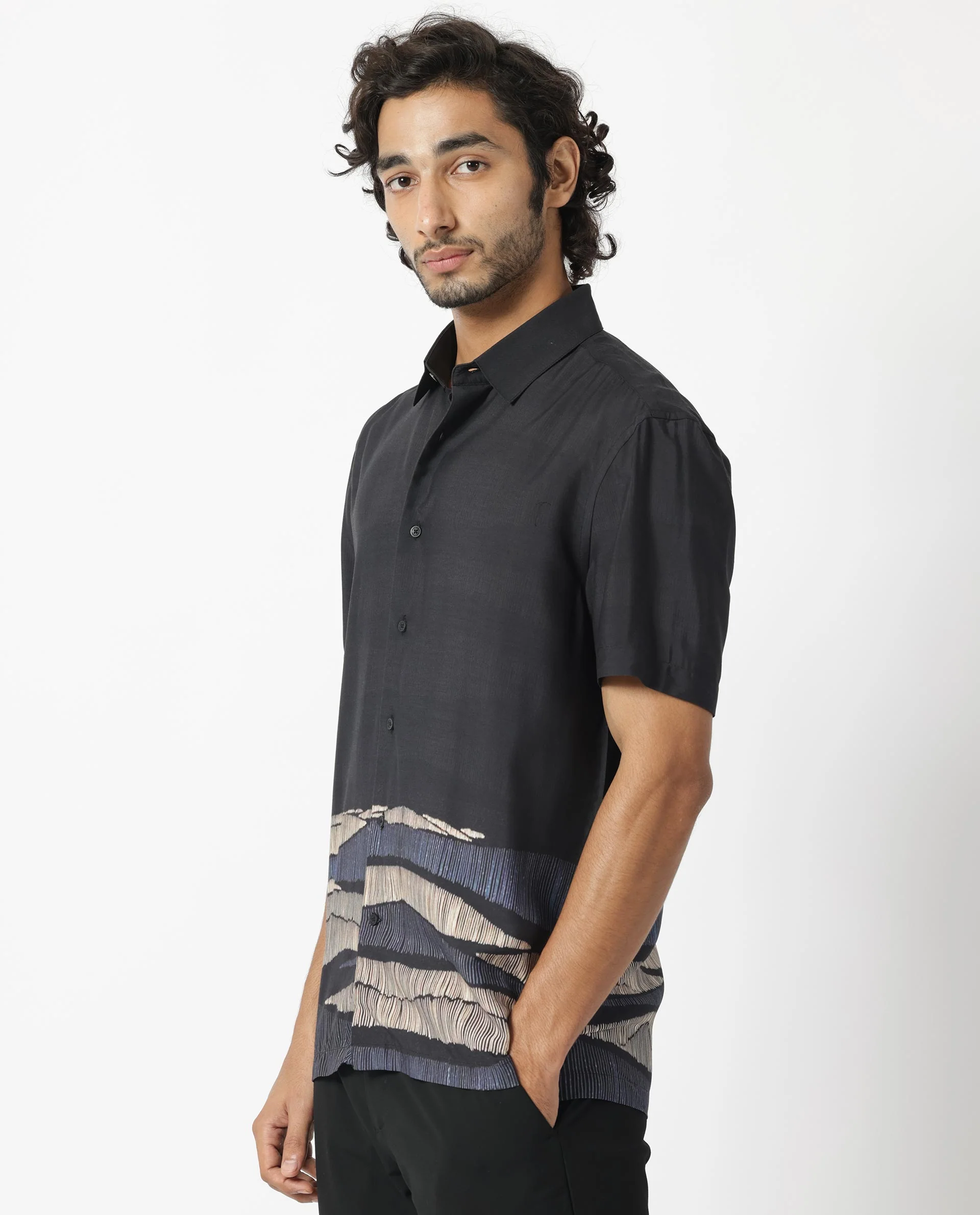 Rare Rabbit Men's Mesan Black Viscose Abstract Print Regular Fit Half Sleeve Collared Shirt - Image 3
