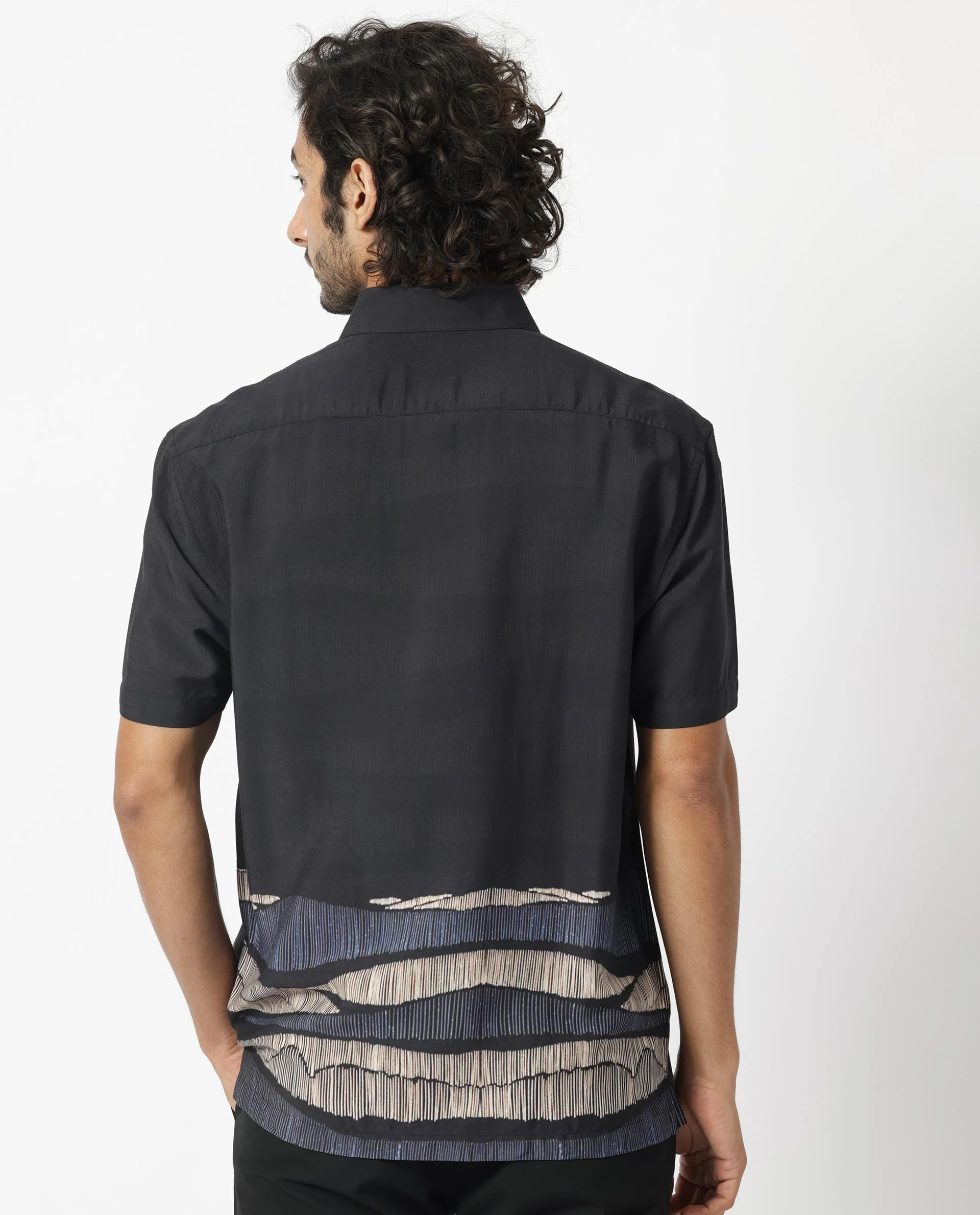 Rare Rabbit Men's Mesan Black Viscose Abstract Print Regular Fit Half Sleeve Collared Shirt - Image 4