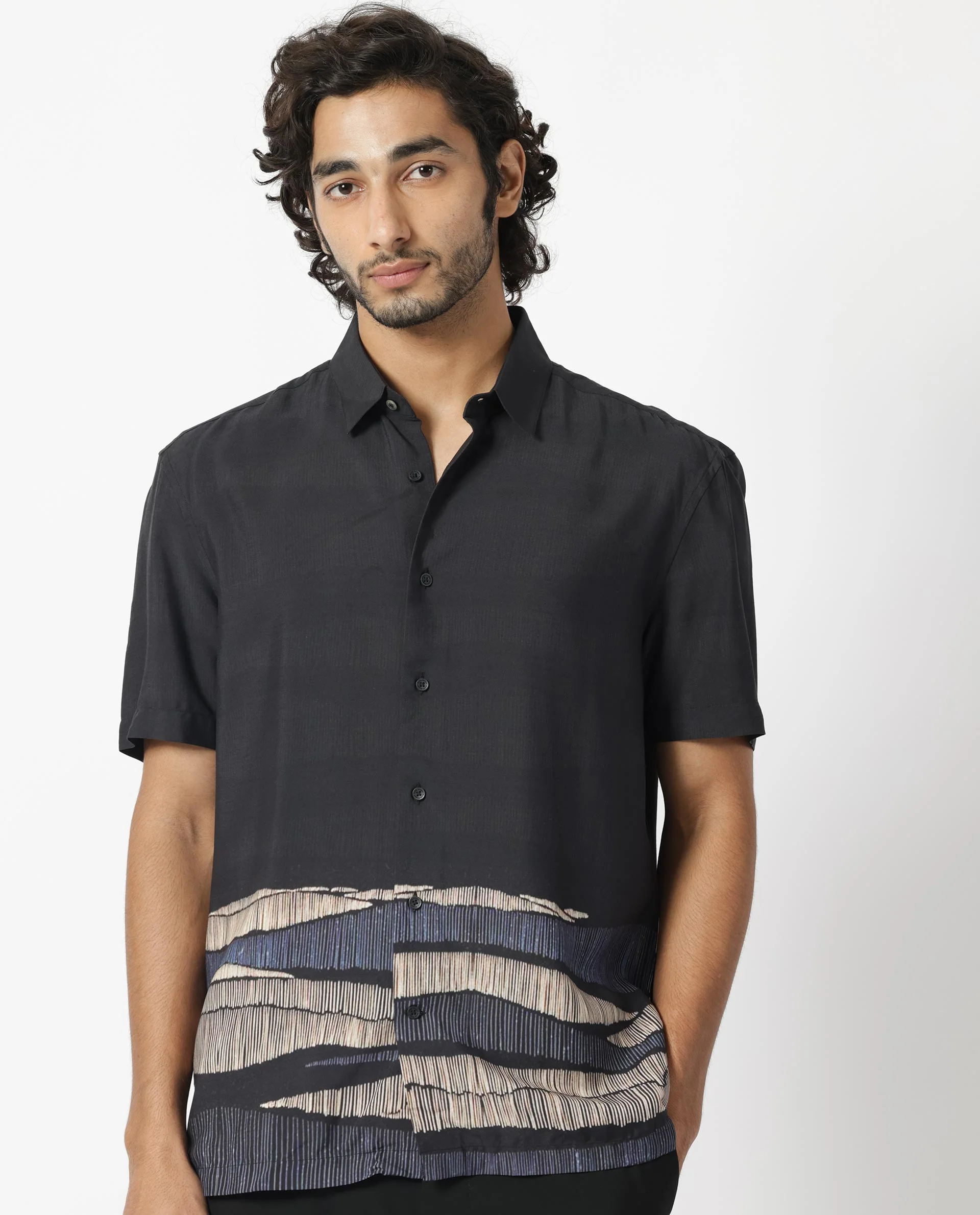 Rare Rabbit Men's Mesan Black Viscose Abstract Print Regular Fit Half Sleeve Collared Shirt - Image 5