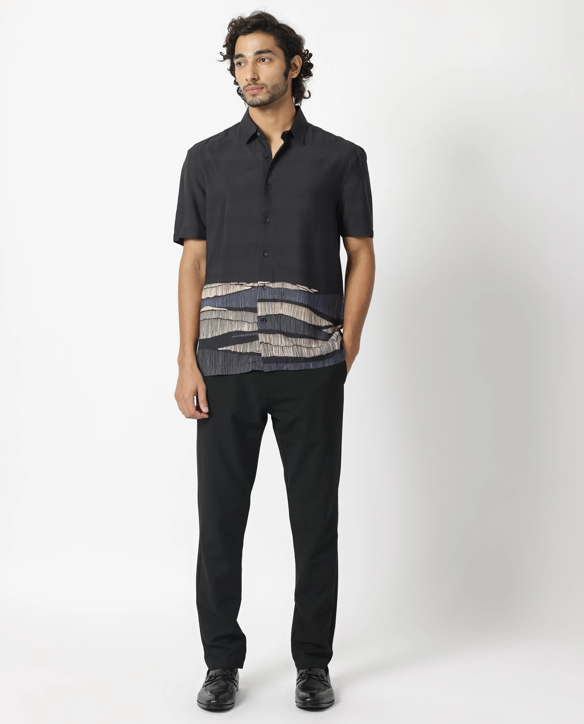Rare Rabbit Men's Mesan Black Viscose Abstract Print Regular Fit Half Sleeve Collared Shirt - Image 6