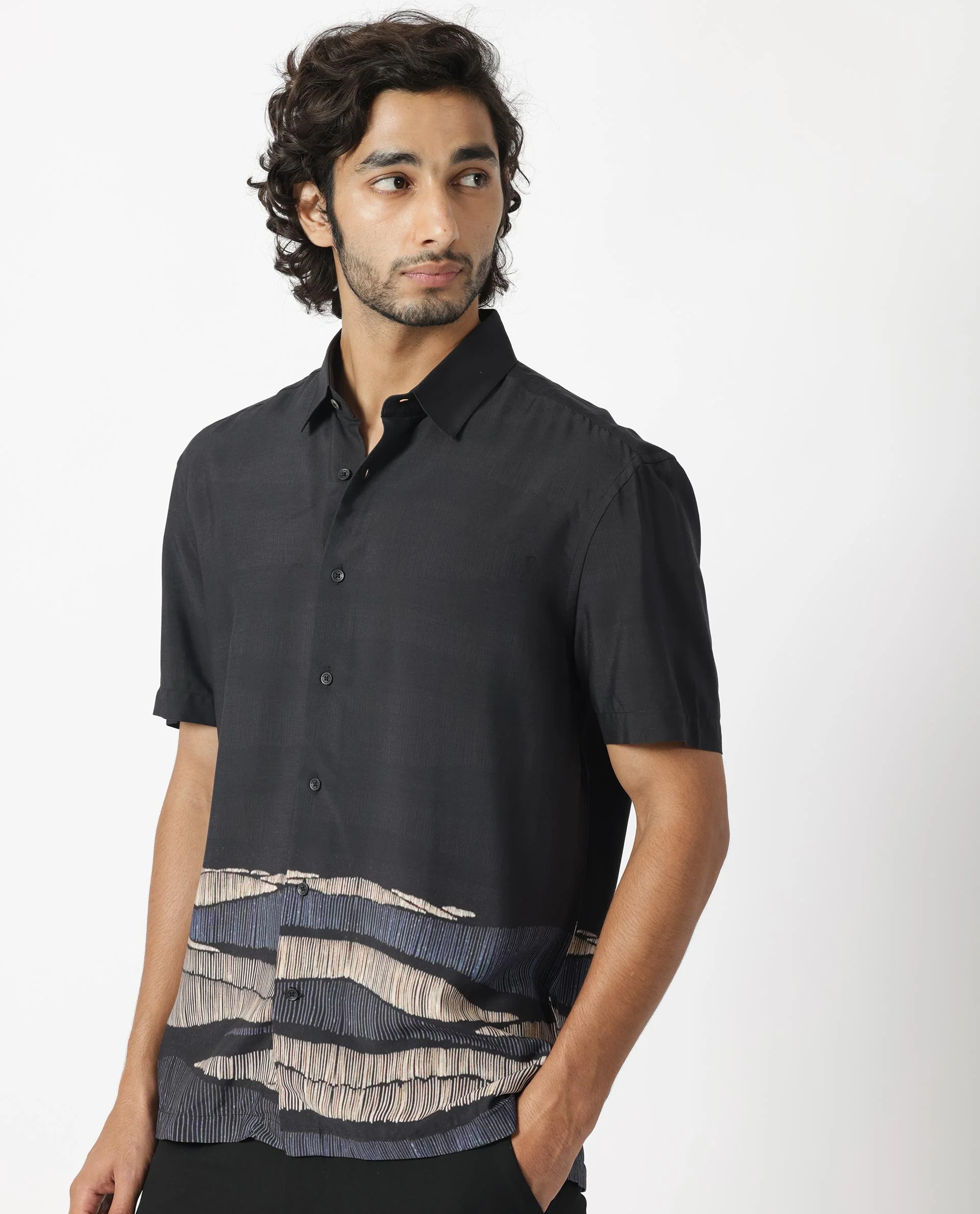 Rare Rabbit Men's Mesan Black Viscose Abstract Print Regular Fit Half Sleeve Collared Shirt - Image 7