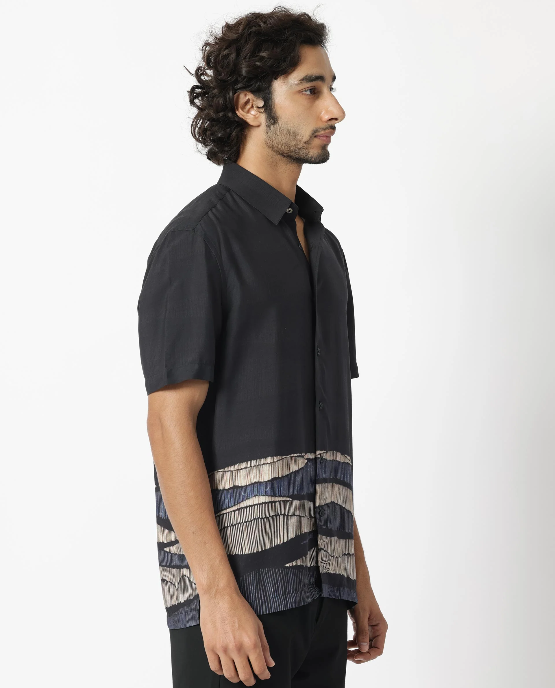 Rare Rabbit Men's Mesan Black Viscose Abstract Print Regular Fit Half Sleeve Collared Shirt - Image 8