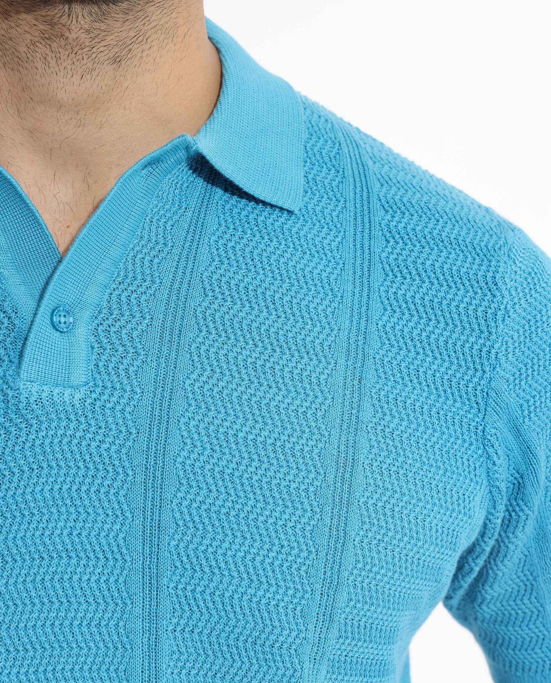 Rare Rabbit Men's Mesk Flouroscent Blue Cotton Textured Regular Fit Half Sleeve Polo - Image 2