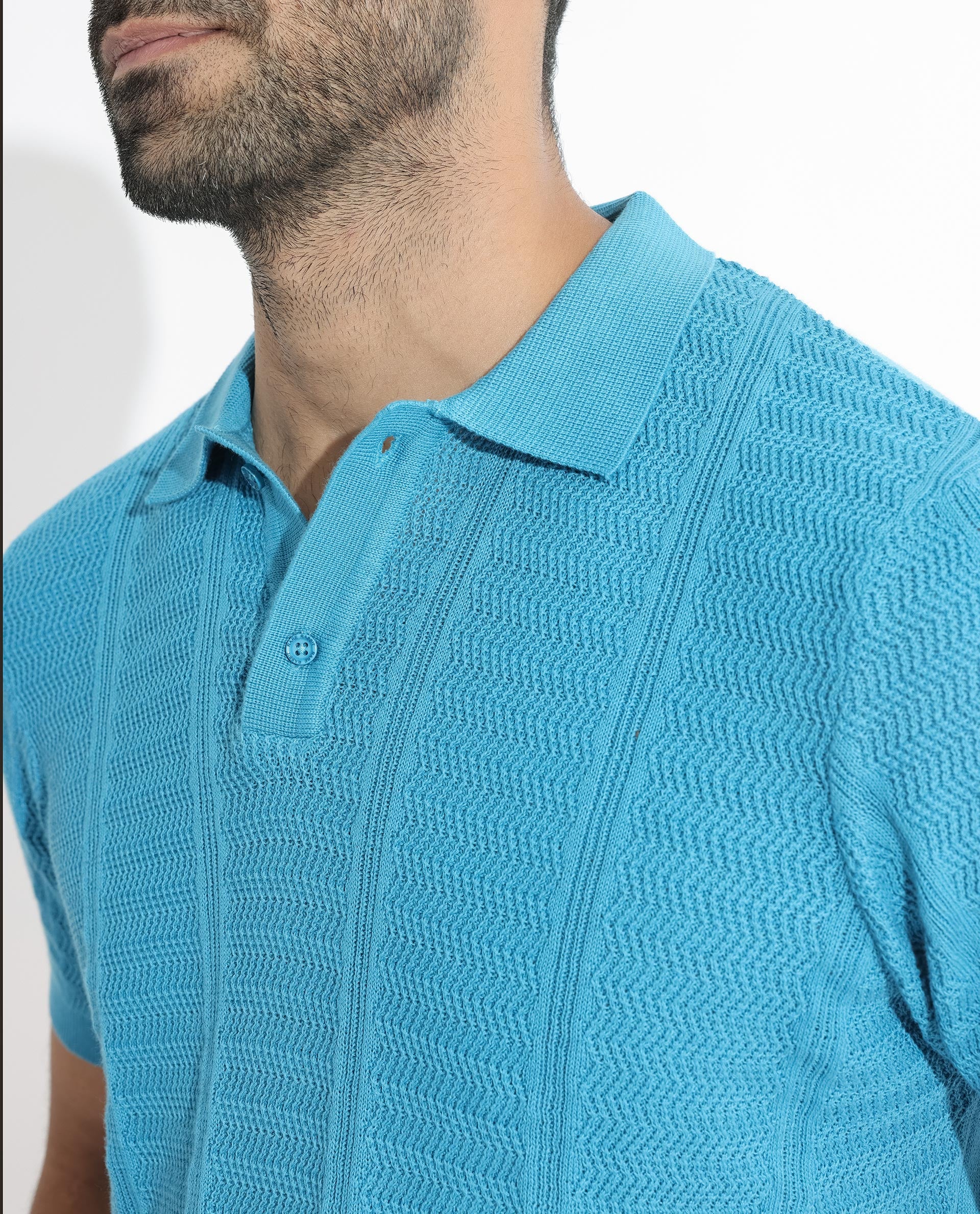 Rare Rabbit Men's Mesk Flouroscent Blue Cotton Textured Regular Fit Half Sleeve Polo - Image 3