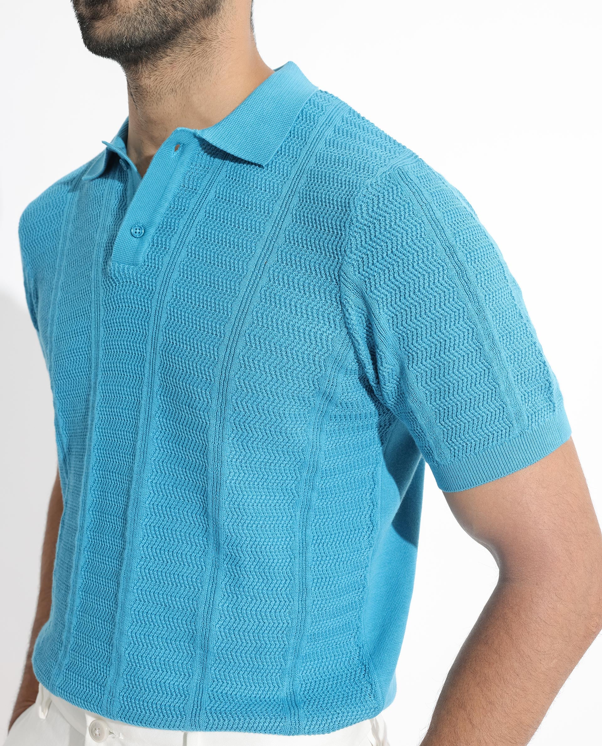 Rare Rabbit Men's Mesk Flouroscent Blue Cotton Textured Regular Fit Half Sleeve Polo - Image 4