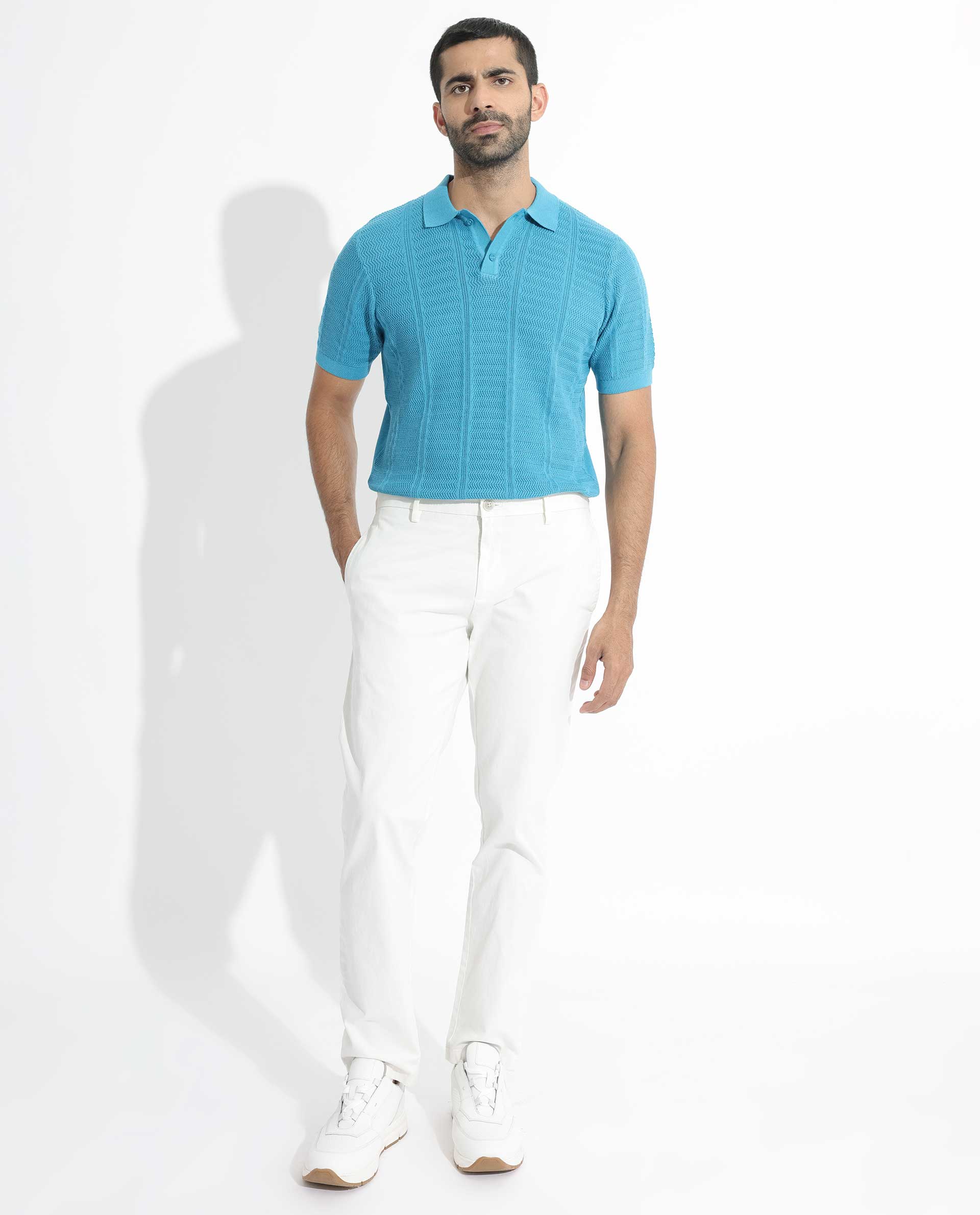 Rare Rabbit Men's Mesk Flouroscent Blue Cotton Textured Regular Fit Half Sleeve Polo - Image 5