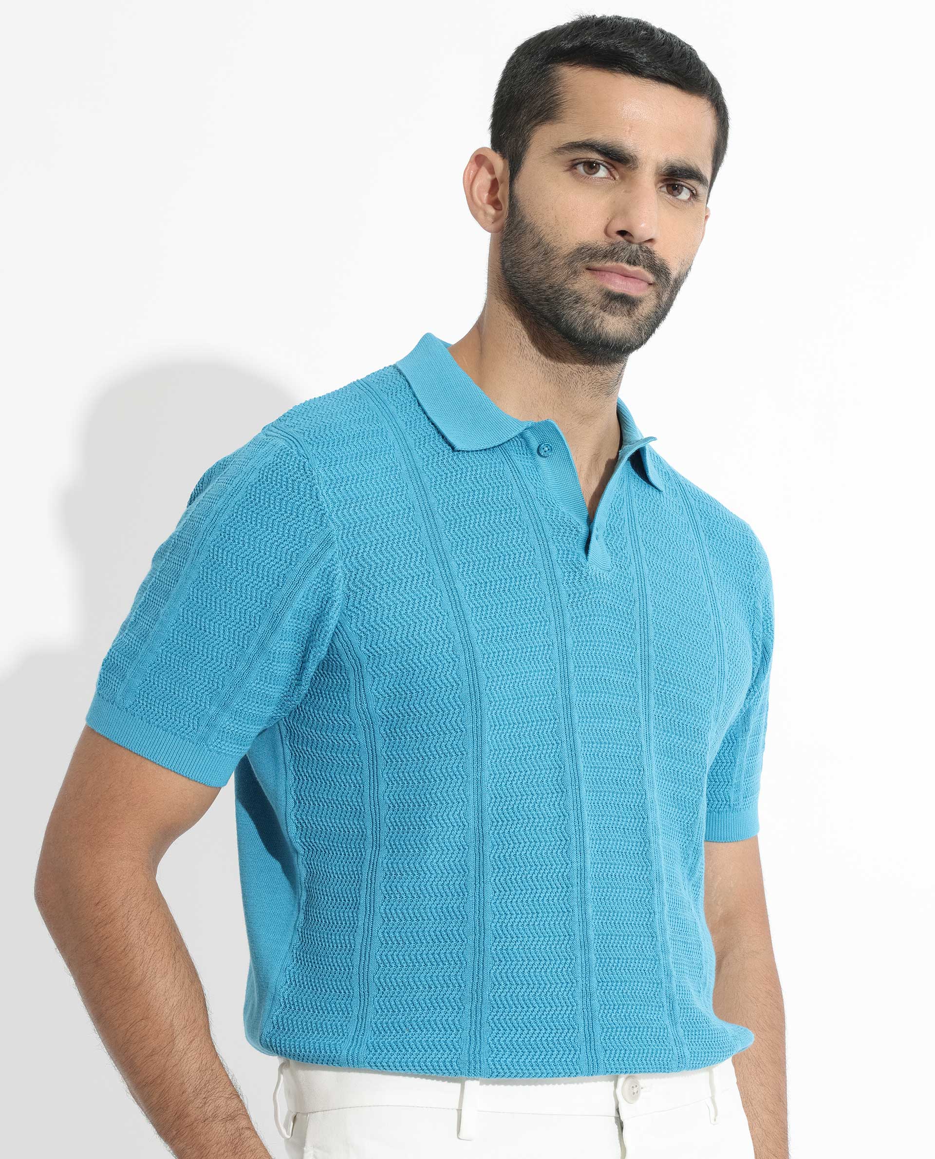 Rare Rabbit Men's Mesk Flouroscent Blue Cotton Textured Regular Fit Half Sleeve Polo - Image 6