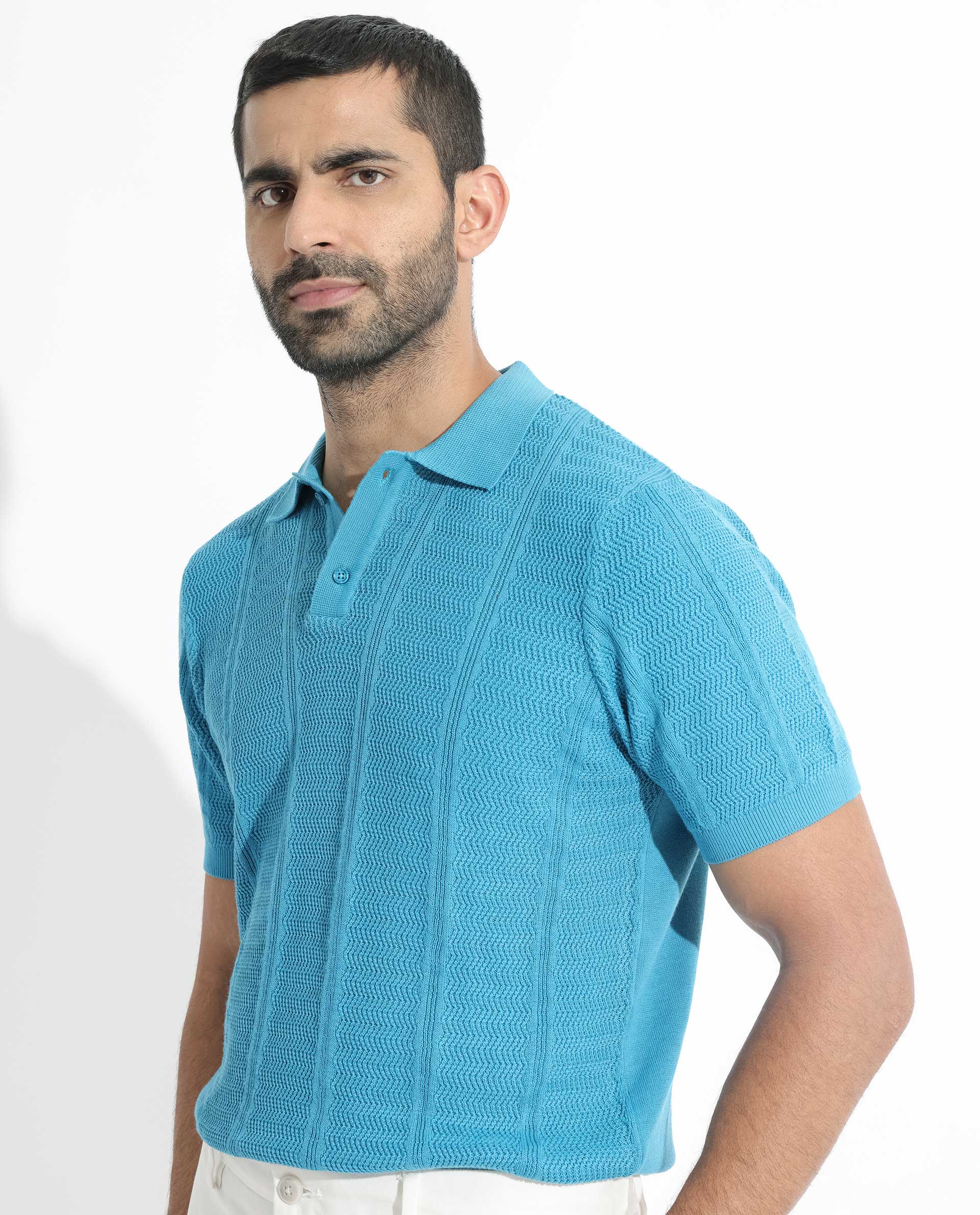 Rare Rabbit Men's Mesk Flouroscent Blue Cotton Textured Regular Fit Half Sleeve Polo - Image 7