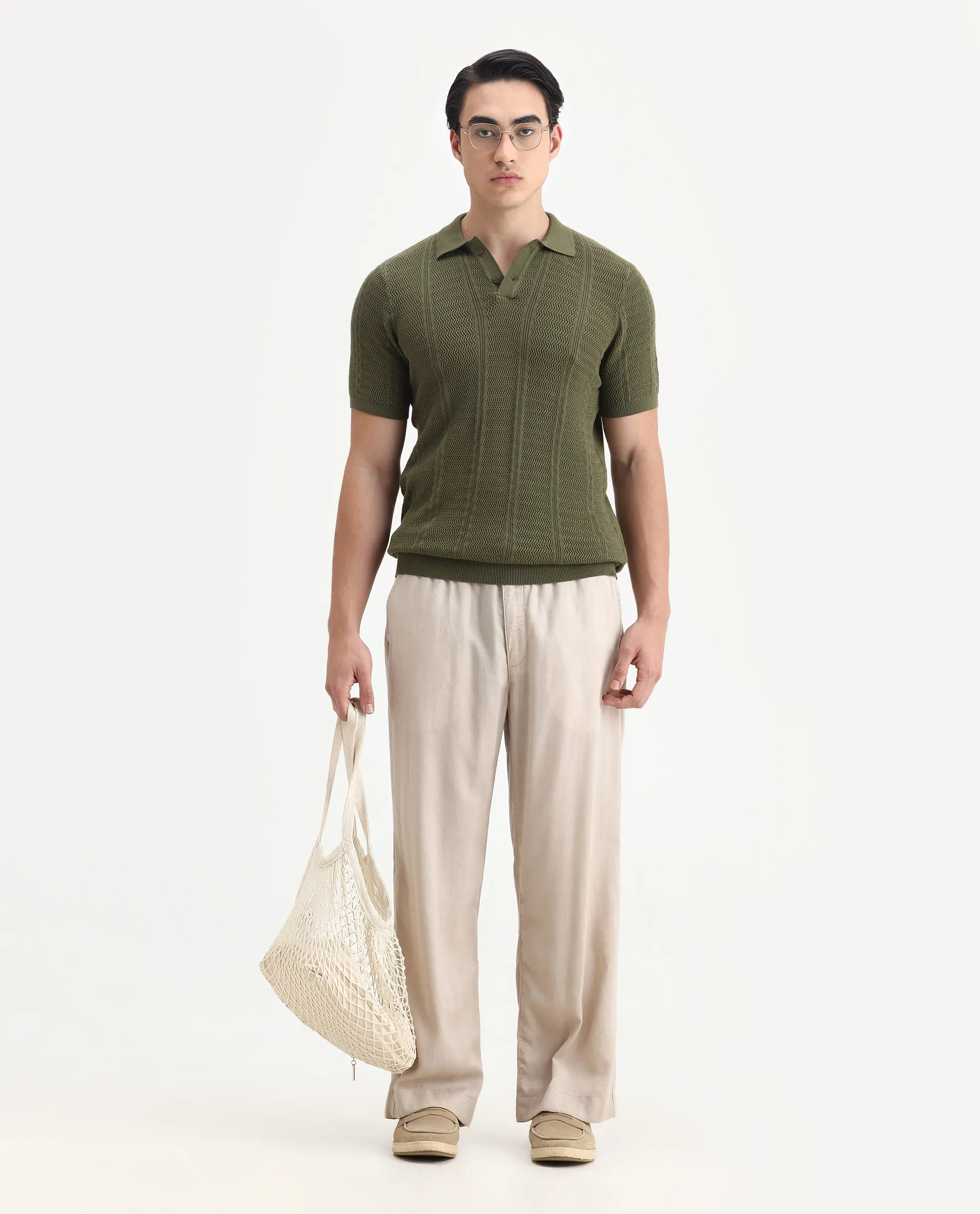 Rare Rabbit Men's Mesk Green Cotton Textured Regular Fit Half Sleeve Polo - Image 2