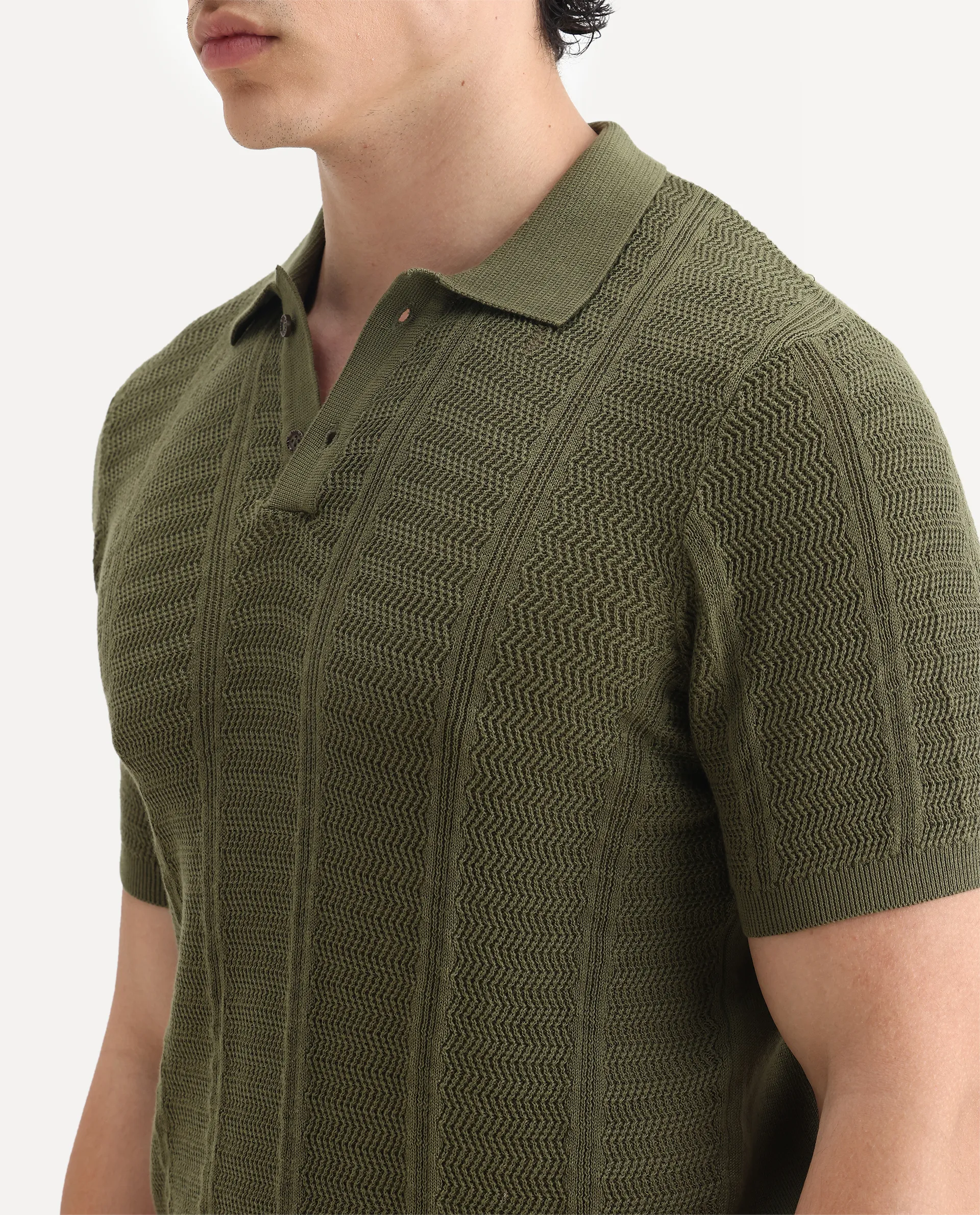 Rare Rabbit Men's Mesk Green Cotton Textured Regular Fit Half Sleeve Polo - Image 3