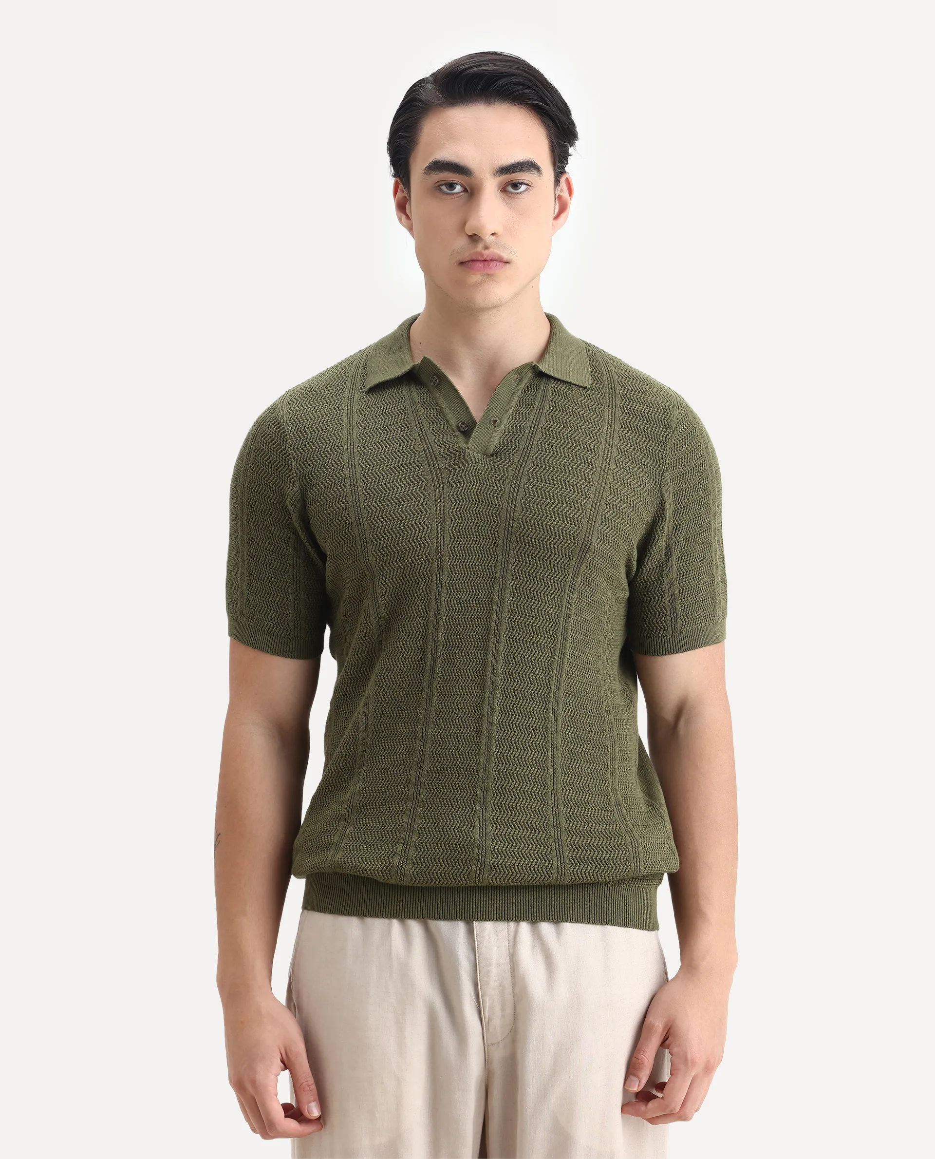 Rare Rabbit Men's Mesk Green Cotton Textured Regular Fit Half Sleeve Polo - Image 4