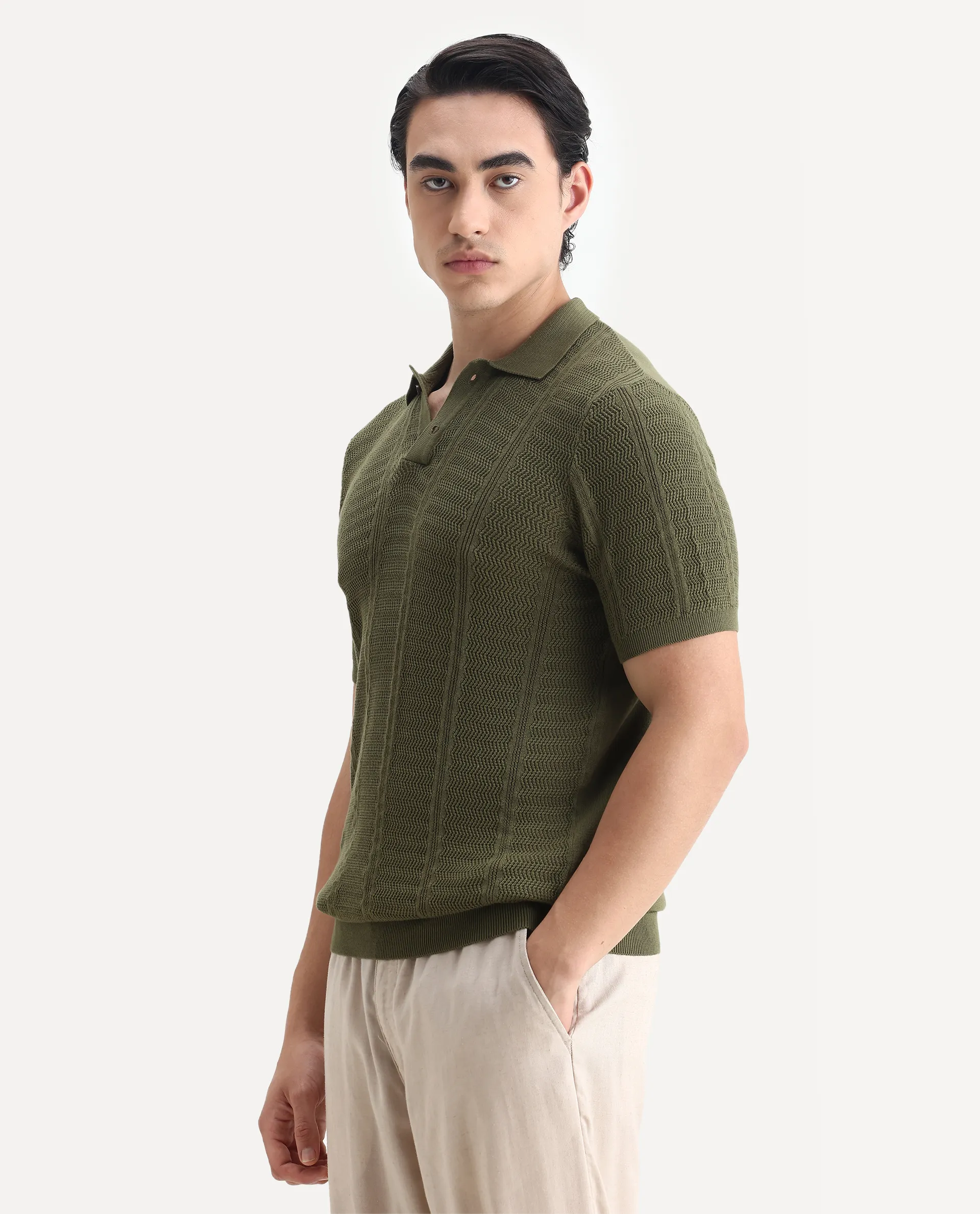 Rare Rabbit Men's Mesk Green Cotton Textured Regular Fit Half Sleeve Polo - Image 5