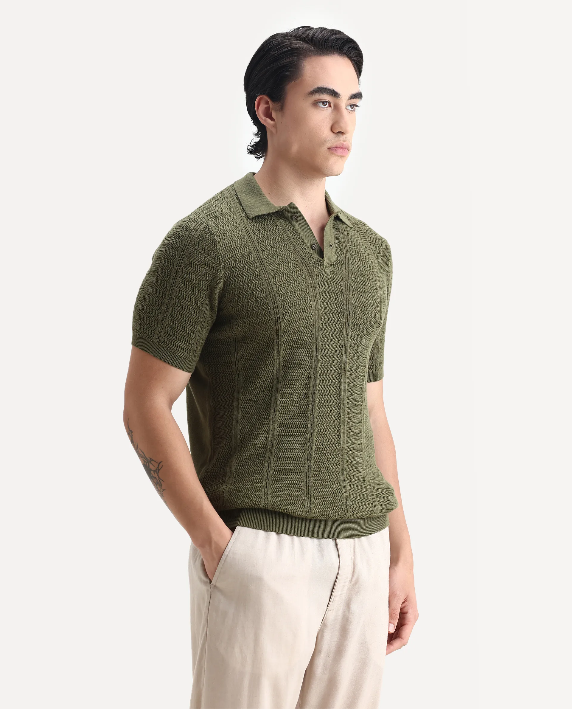 Rare Rabbit Men's Mesk Green Cotton Textured Regular Fit Half Sleeve Polo - Image 6