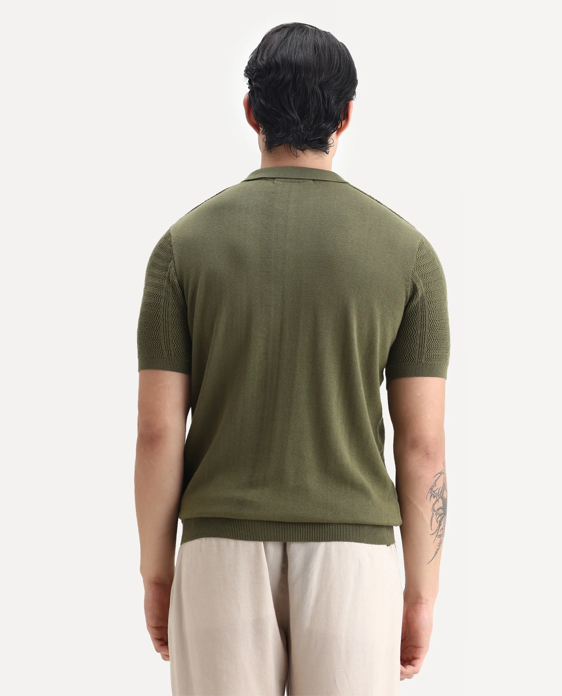 Rare Rabbit Men's Mesk Green Cotton Textured Regular Fit Half Sleeve Polo - Image 7