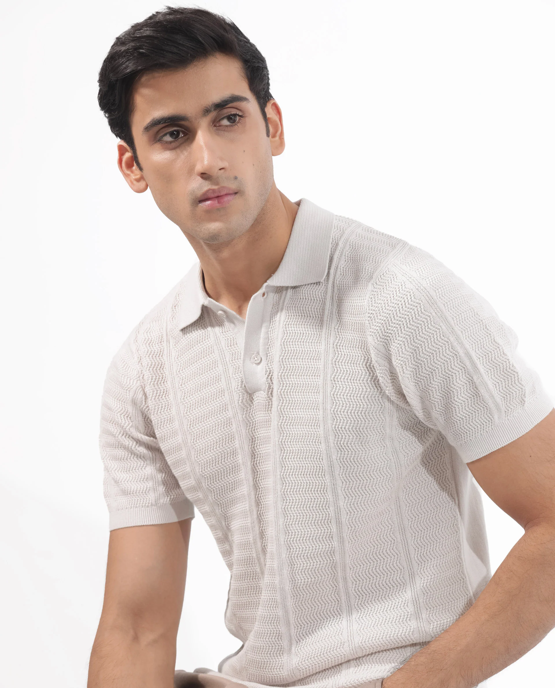 Rare Rabbit Men's Mesk Off White Cotton Textured Regular Fit Half Sleeve Polo