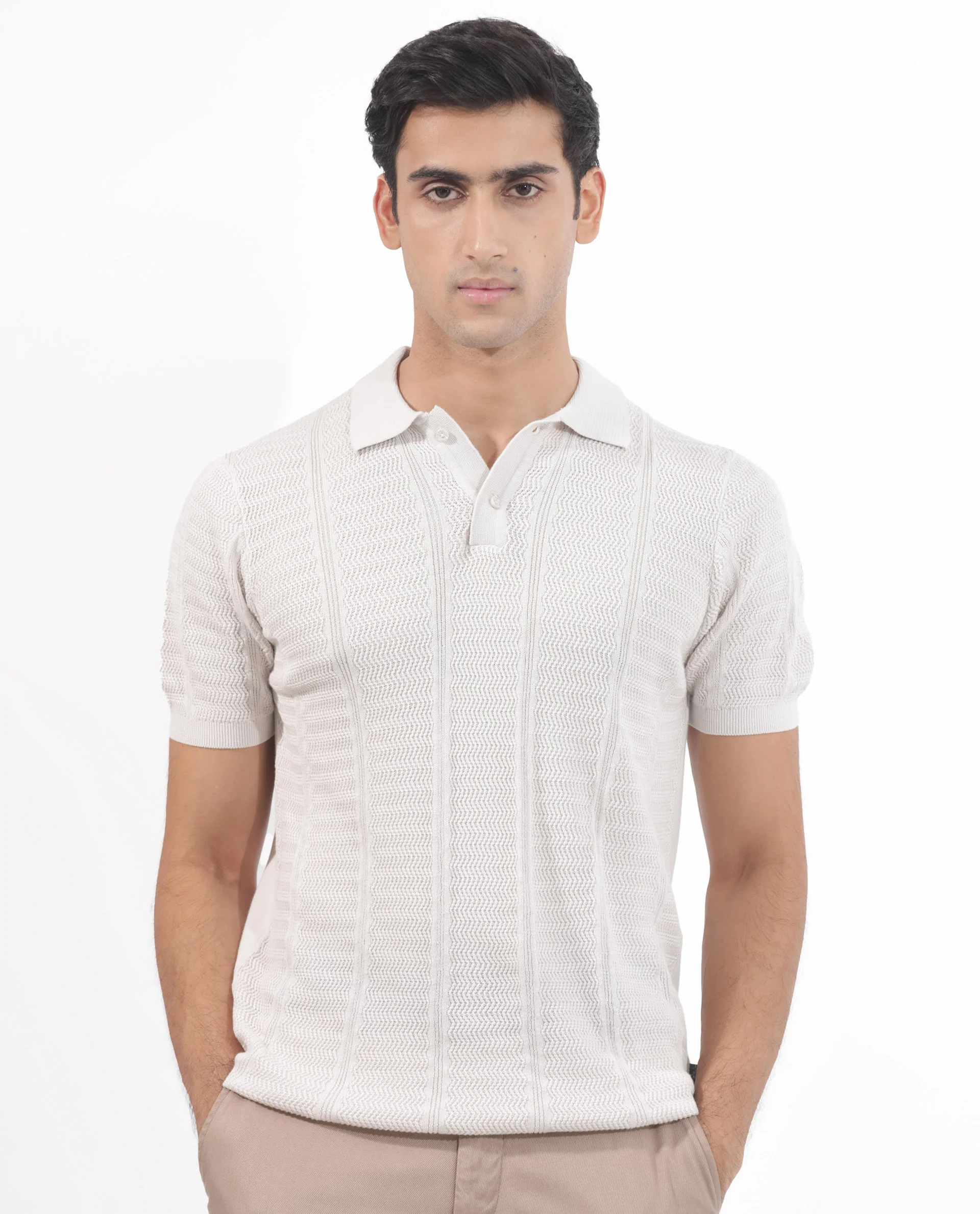 Rare Rabbit Men's Mesk Off White Cotton Textured Regular Fit Half Sleeve Polo - Image 2