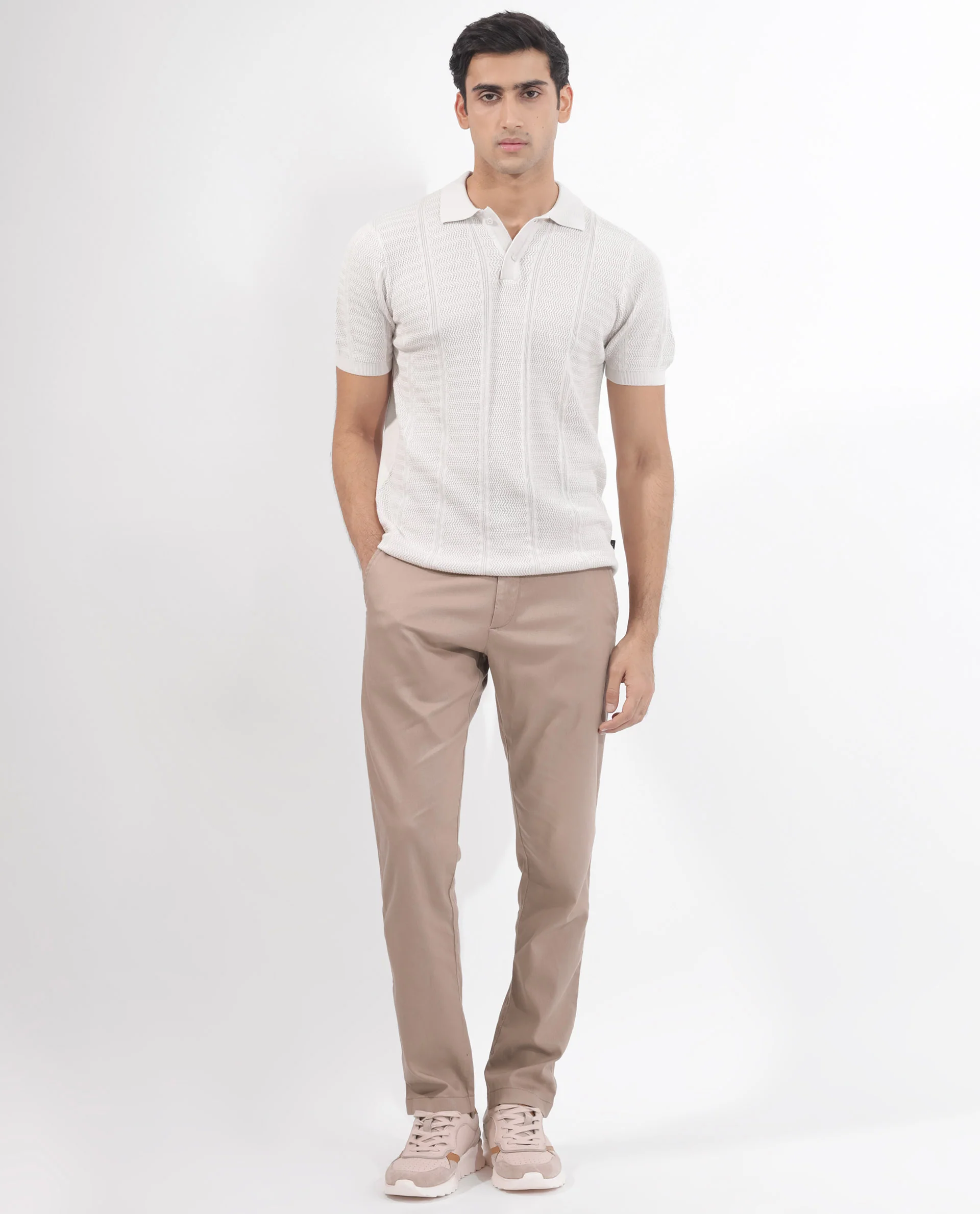Rare Rabbit Men's Mesk Off White Cotton Textured Regular Fit Half Sleeve Polo - Image 3