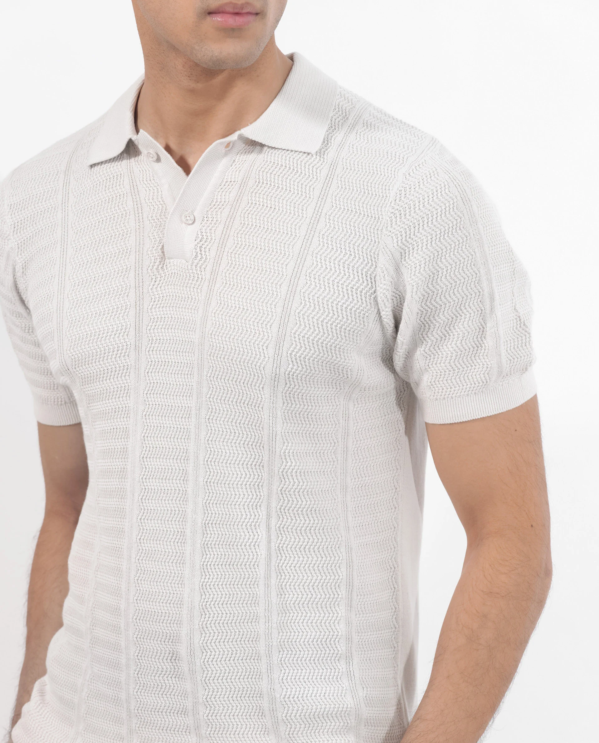 Rare Rabbit Men's Mesk Off White Cotton Textured Regular Fit Half Sleeve Polo - Image 4