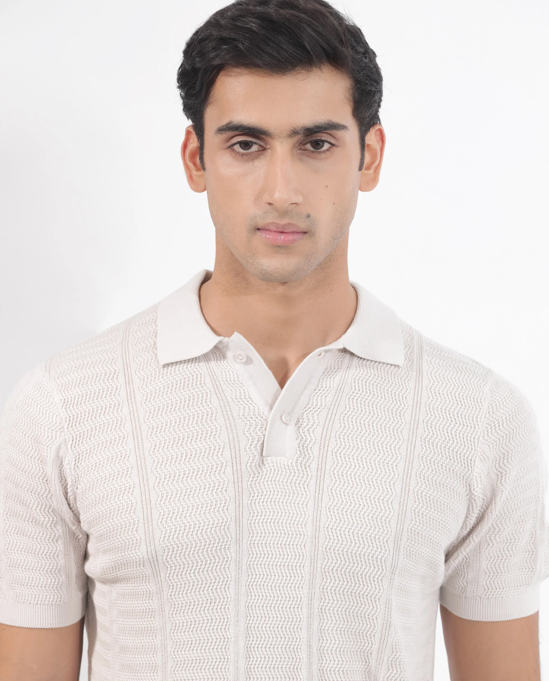 Rare Rabbit Men's Mesk Off White Cotton Textured Regular Fit Half Sleeve Polo - Image 5