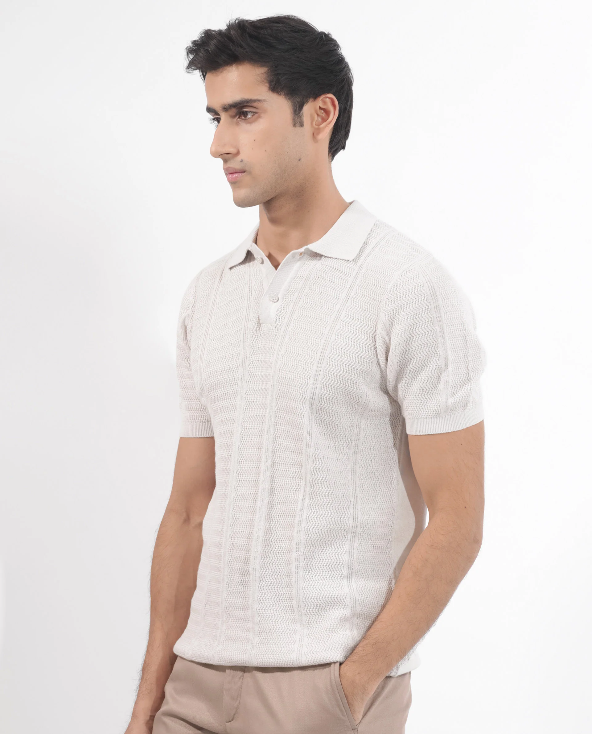 Rare Rabbit Men's Mesk Off White Cotton Textured Regular Fit Half Sleeve Polo - Image 6