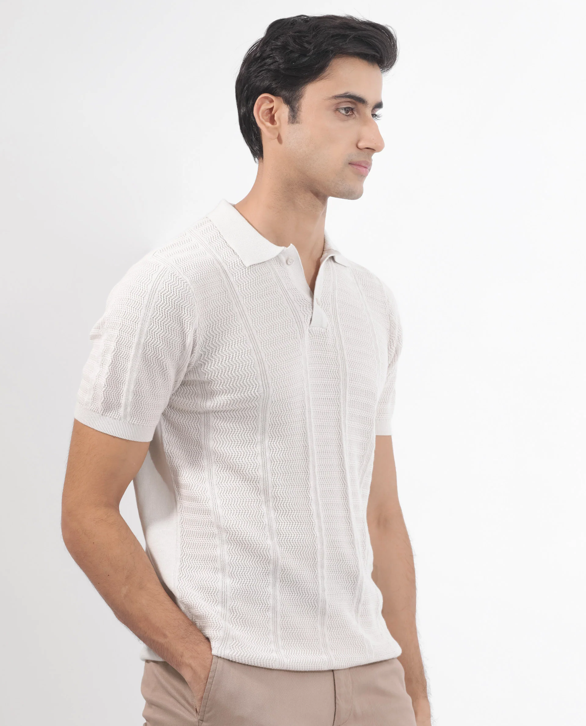 Rare Rabbit Men's Mesk Off White Cotton Textured Regular Fit Half Sleeve Polo - Image 7