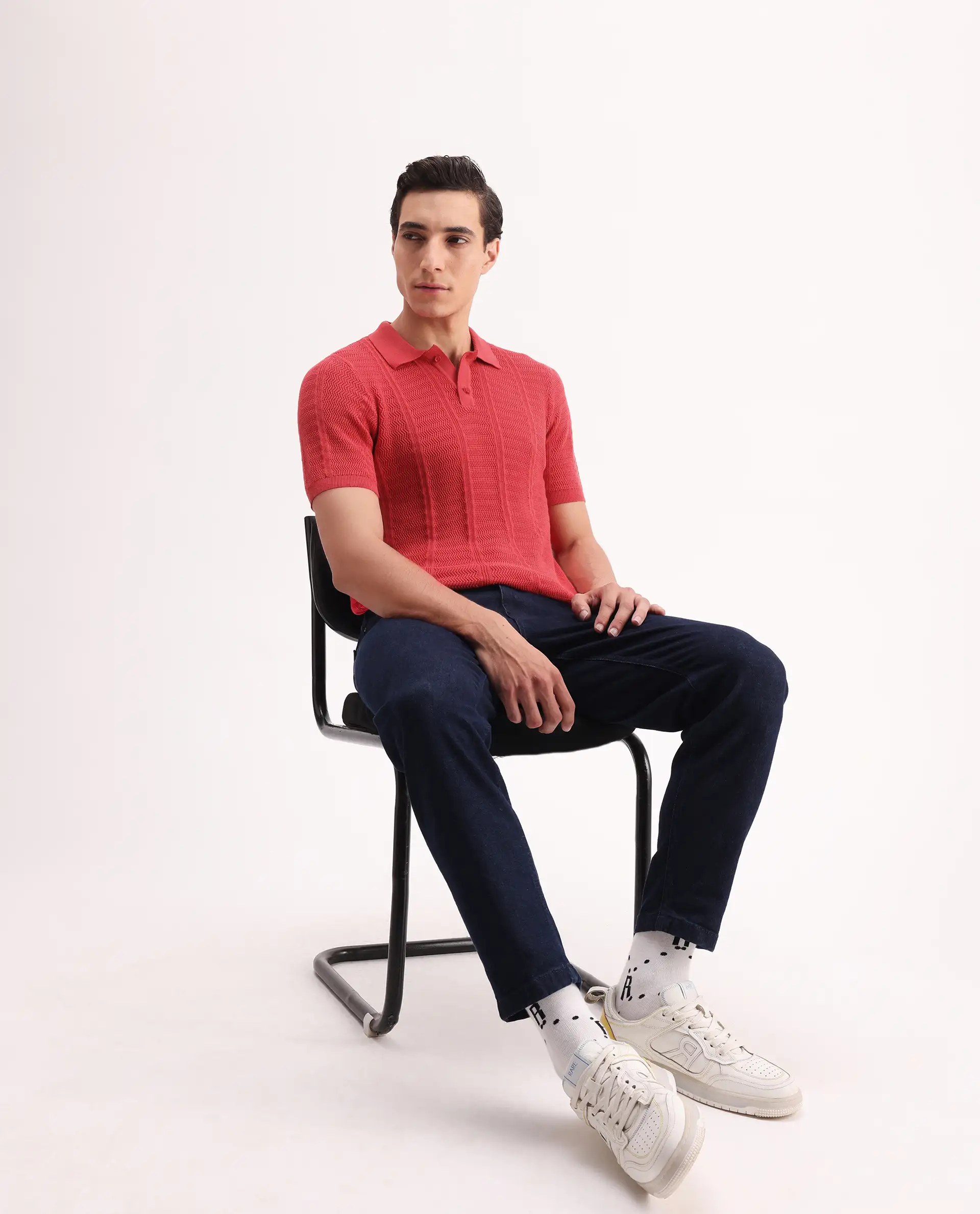 Rare Rabbit Men's Mesk Orange Cotton Textured Regular Fit Half Sleeve Polo - Image 2