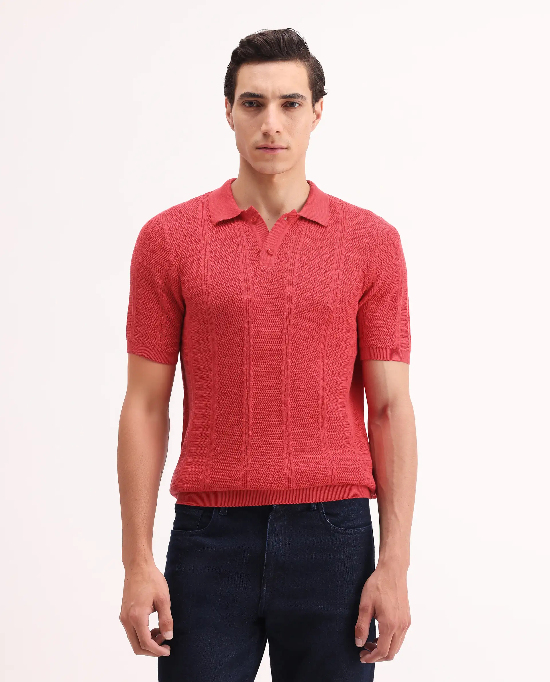 Rare Rabbit Men's Mesk Orange Cotton Textured Regular Fit Half Sleeve Polo - Image 3