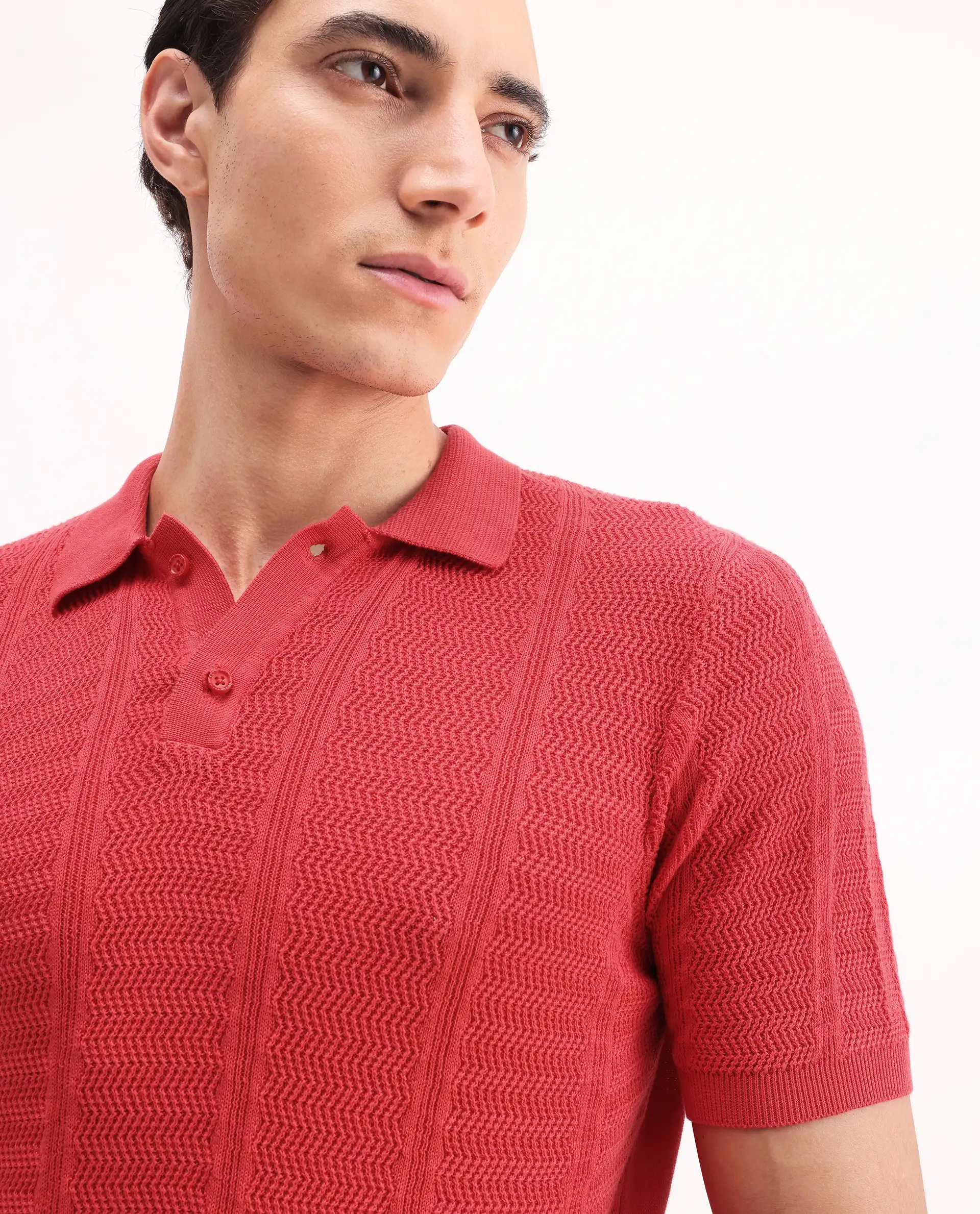 Rare Rabbit Men's Mesk Orange Cotton Textured Regular Fit Half Sleeve Polo - Image 4