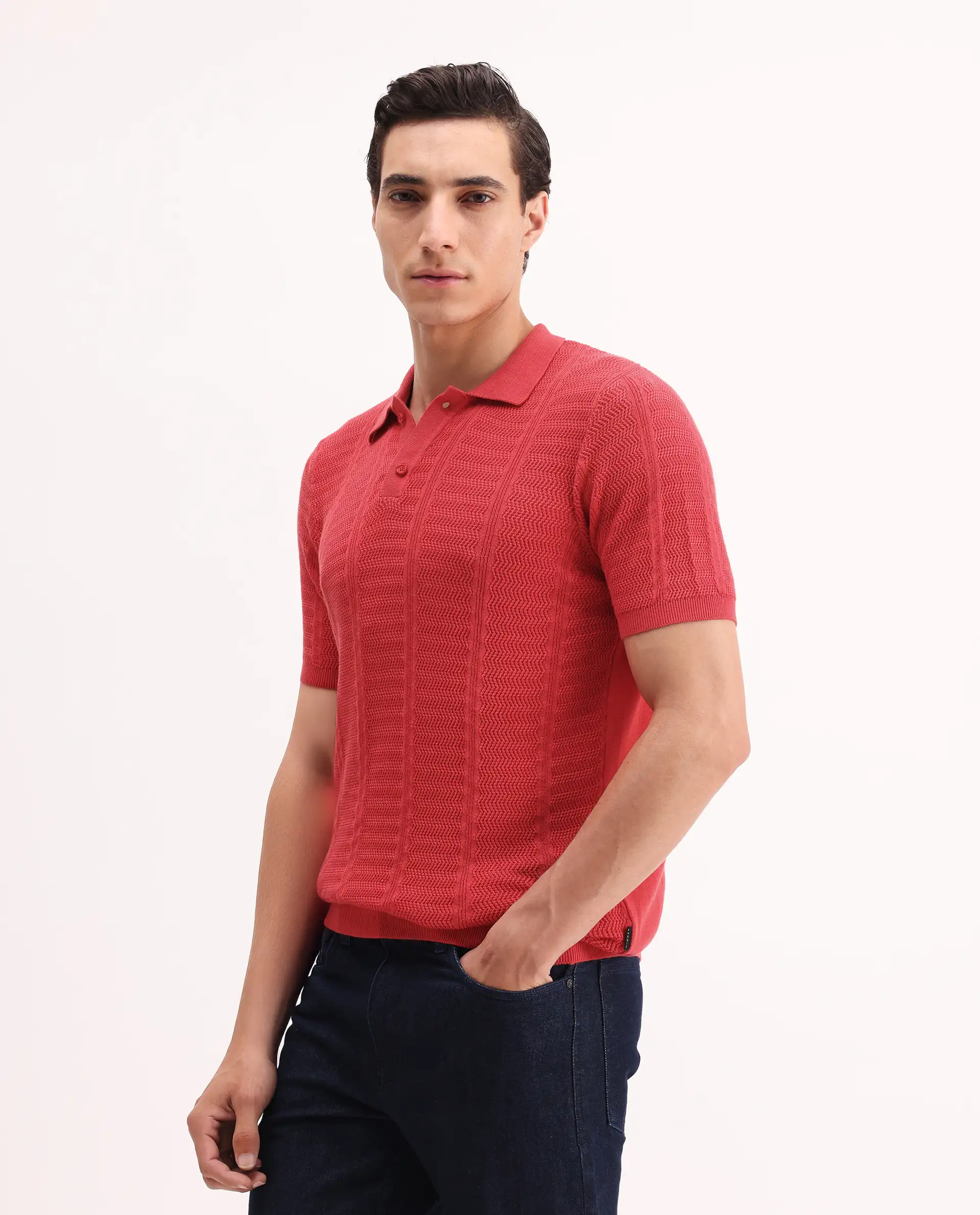 Rare Rabbit Men's Mesk Orange Cotton Textured Regular Fit Half Sleeve Polo - Image 5