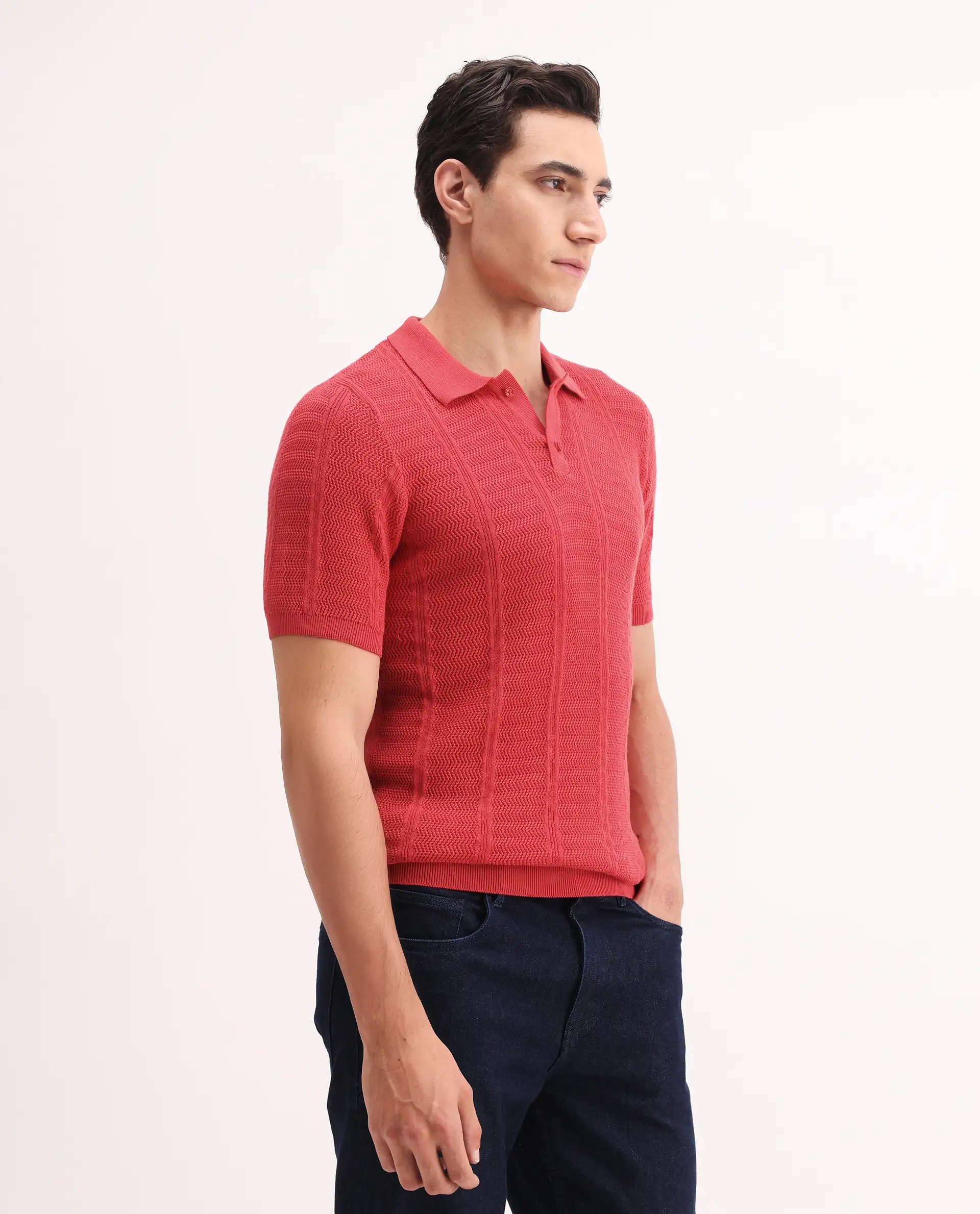 Rare Rabbit Men's Mesk Orange Cotton Textured Regular Fit Half Sleeve Polo - Image 6
