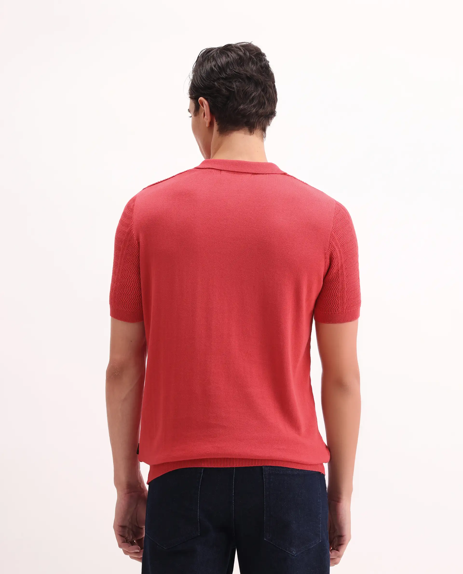 Rare Rabbit Men's Mesk Orange Cotton Textured Regular Fit Half Sleeve Polo - Image 7