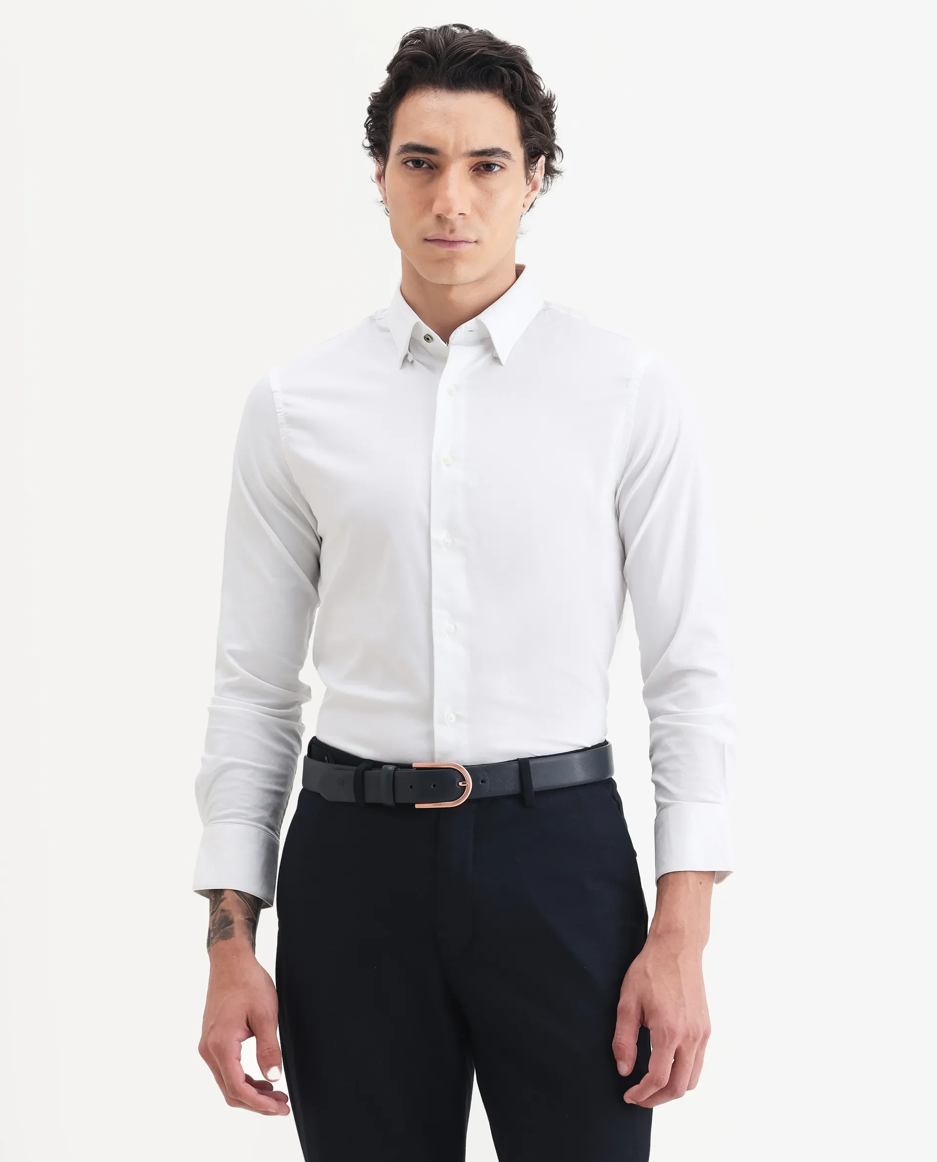 Rare Rabbit Men's Messa White Cotton Plain Regular Fit Full Sleeve Collared Shirt - Image 4