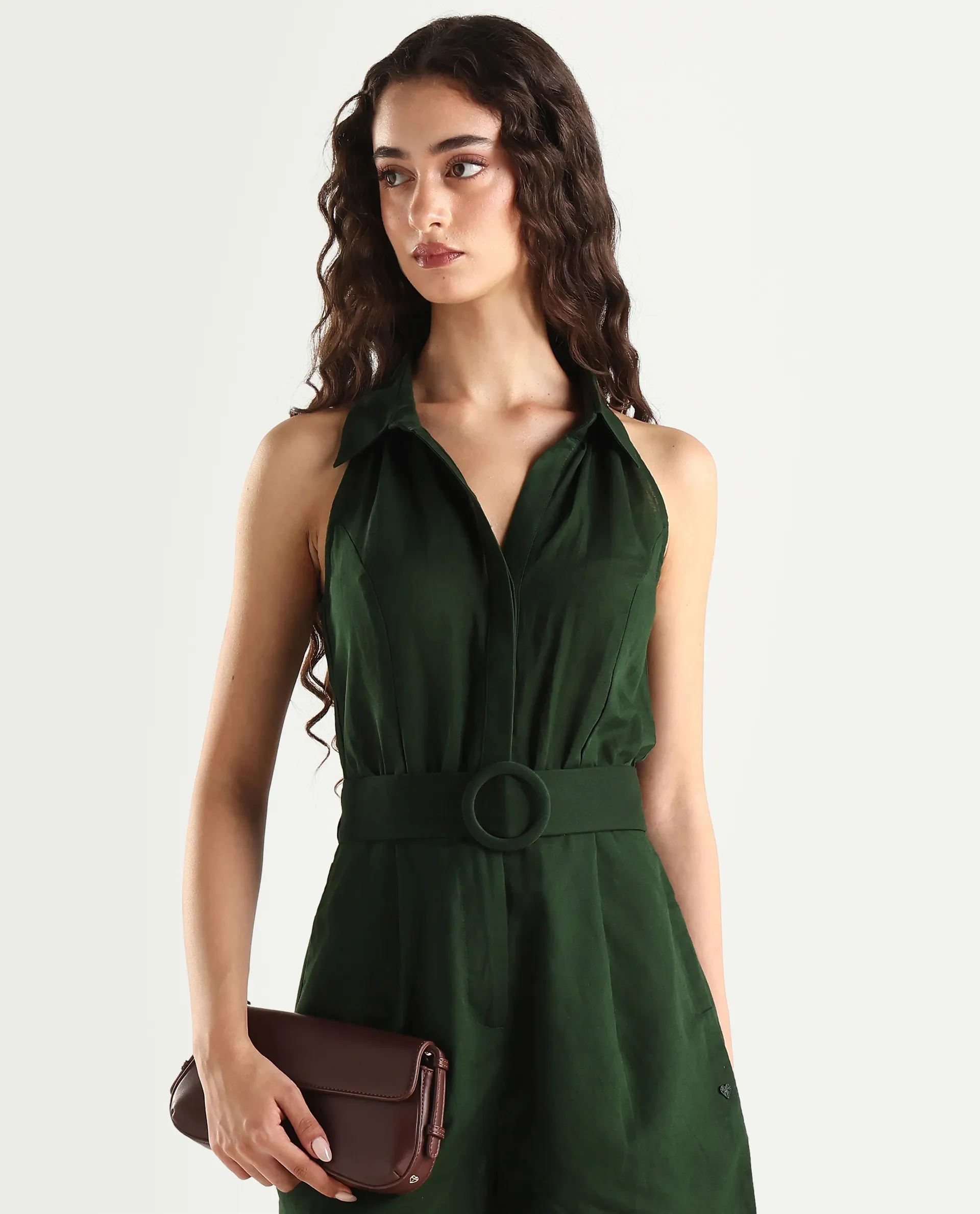 Rareism Women's Messina Light Green Cotton Blend Halter Neck Plain Sleeveless Mini Regular Fit Dress - Image 2
