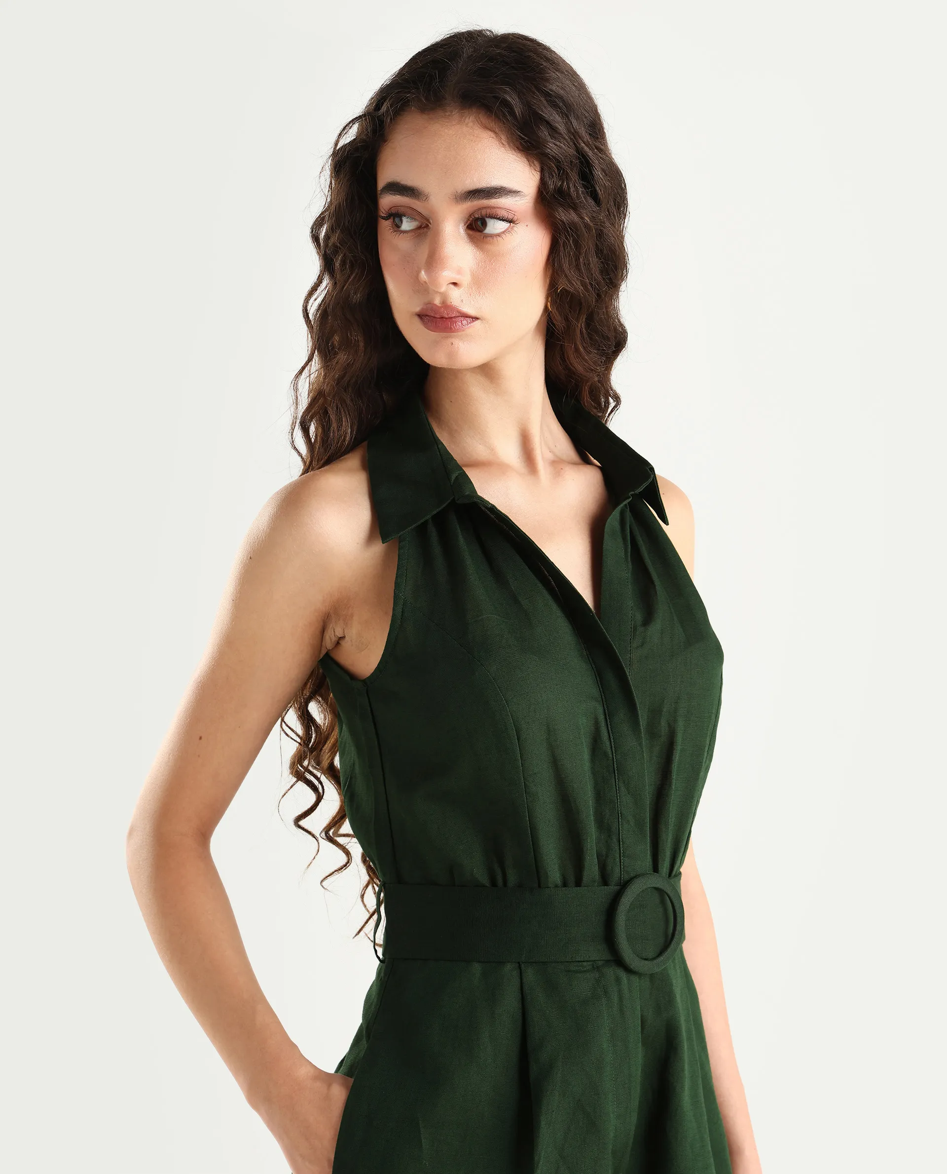 Rareism Women's Messina Light Green Cotton Blend Halter Neck Plain Sleeveless Mini Regular Fit Dress - Image 4