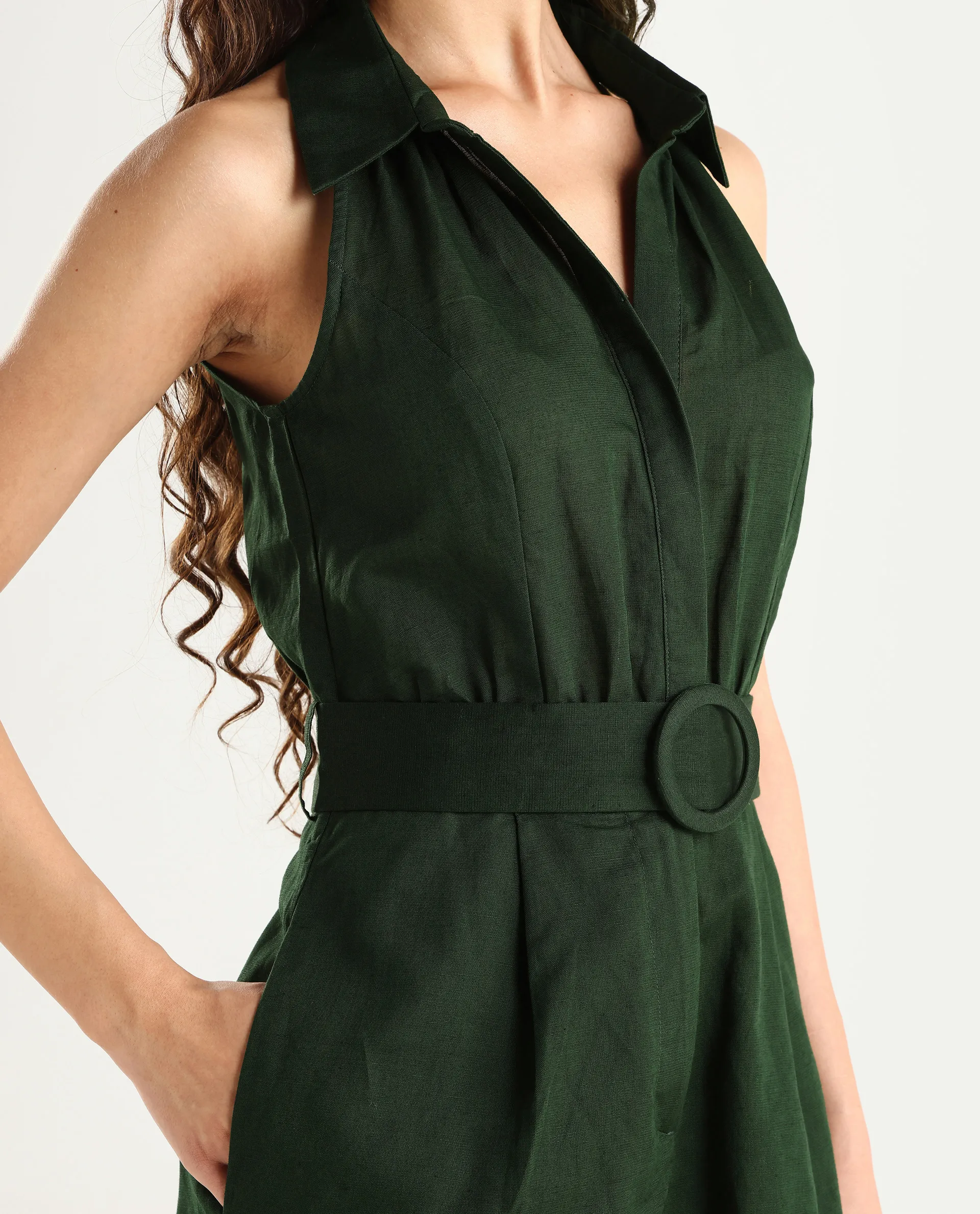 Rareism Women's Messina Light Green Cotton Blend Halter Neck Plain Sleeveless Mini Regular Fit Dress - Image 5