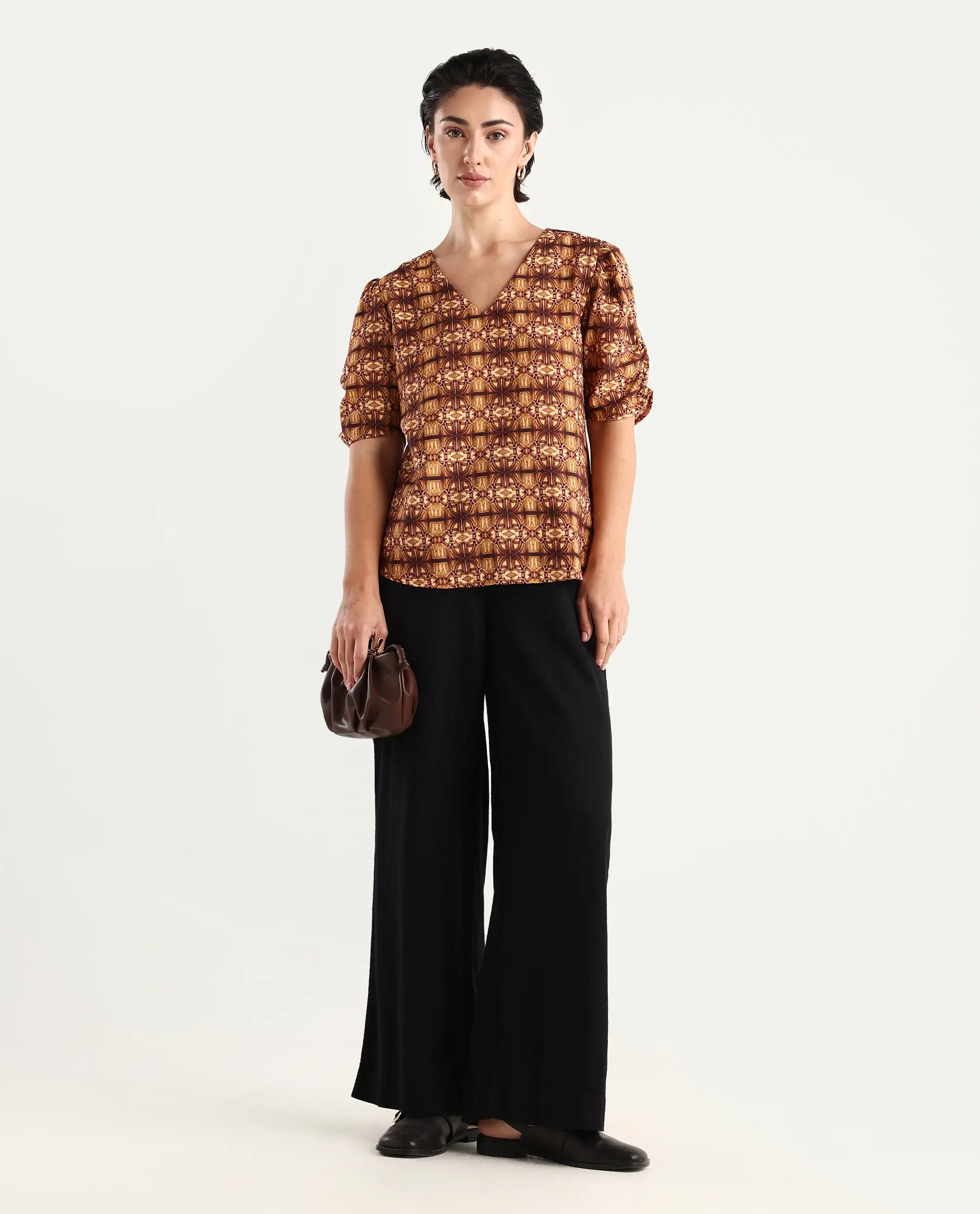 Rareism Women's Messo Light Brown Nylon Blend V-Neck Abstract Print Puff Sleeves Regular Fit Top - Image 2