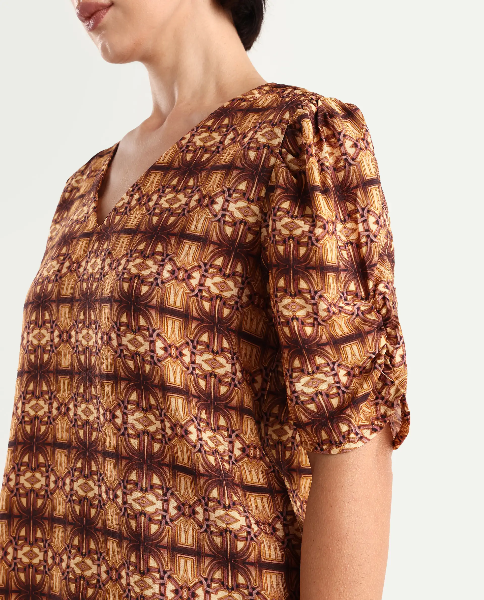 Rareism Women's Messo Light Brown Nylon Blend V-Neck Abstract Print Puff Sleeves Regular Fit Top - Image 3