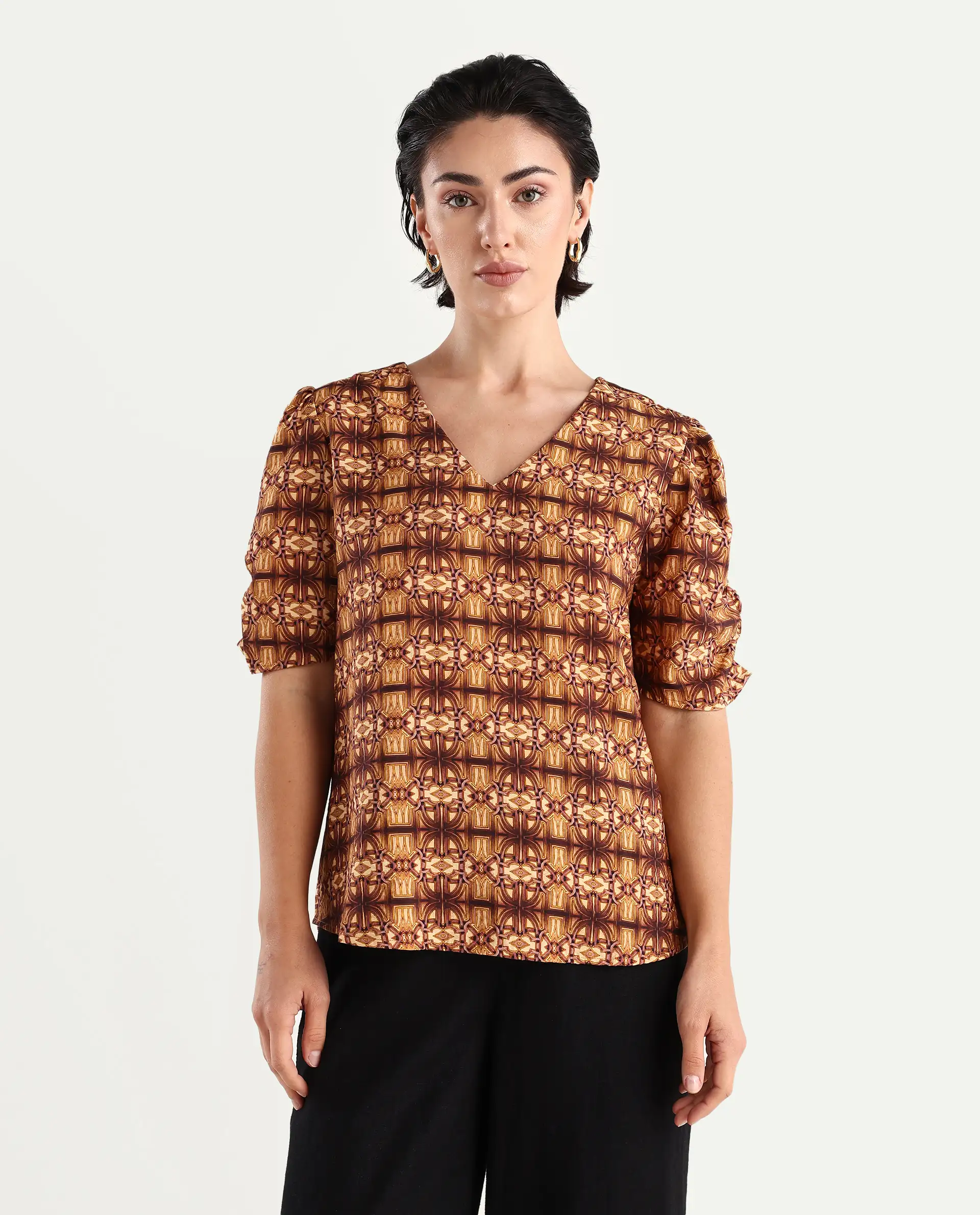 Rareism Women's Messo Light Brown Nylon Blend V-Neck Abstract Print Puff Sleeves Regular Fit Top - Image 4